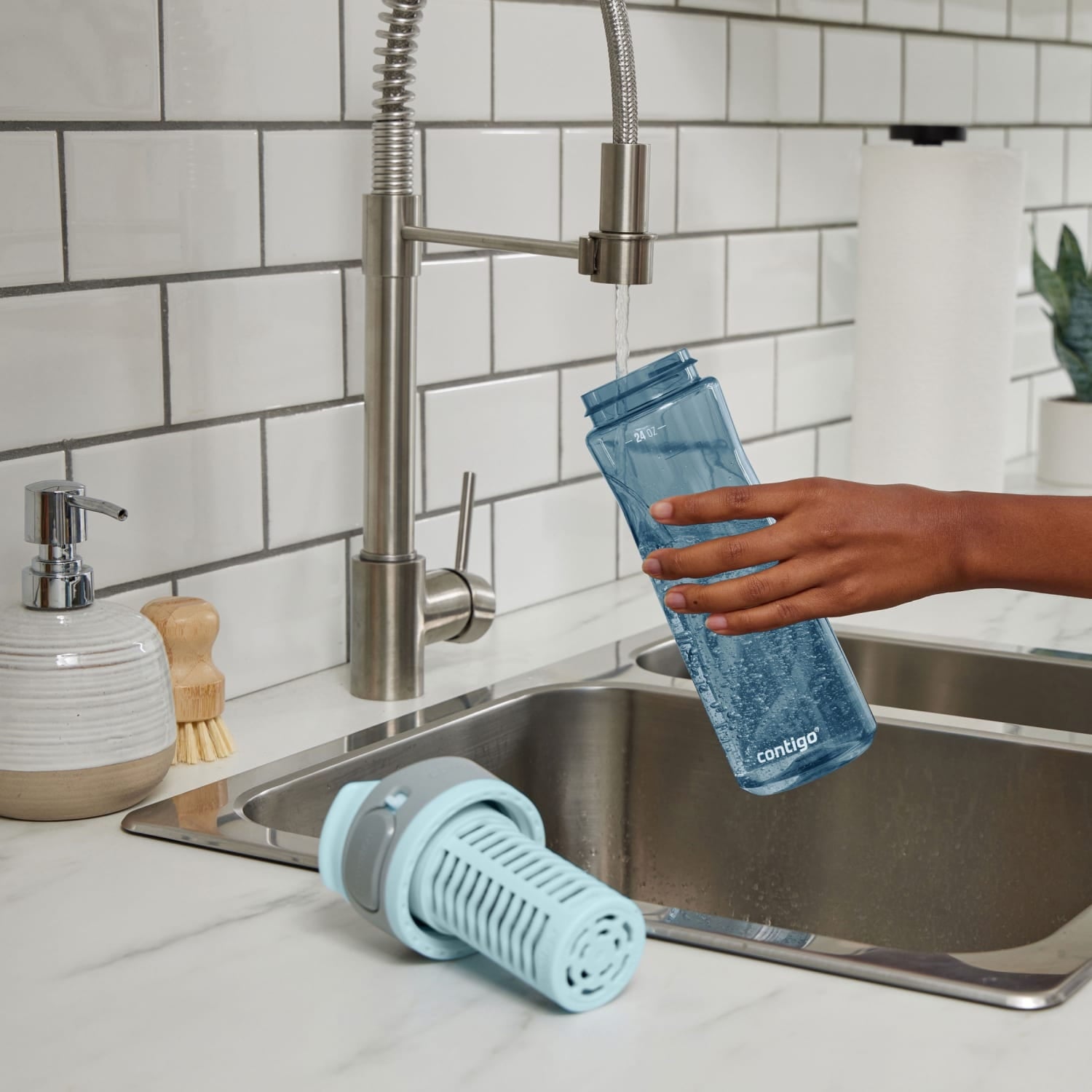 (2 pack) Contigo Clybourn Plastic FreeFlow Filter Water Bottle with AUTOSEAL Lid 24 oz., Dark Ice, with Replacable Filter K2LG