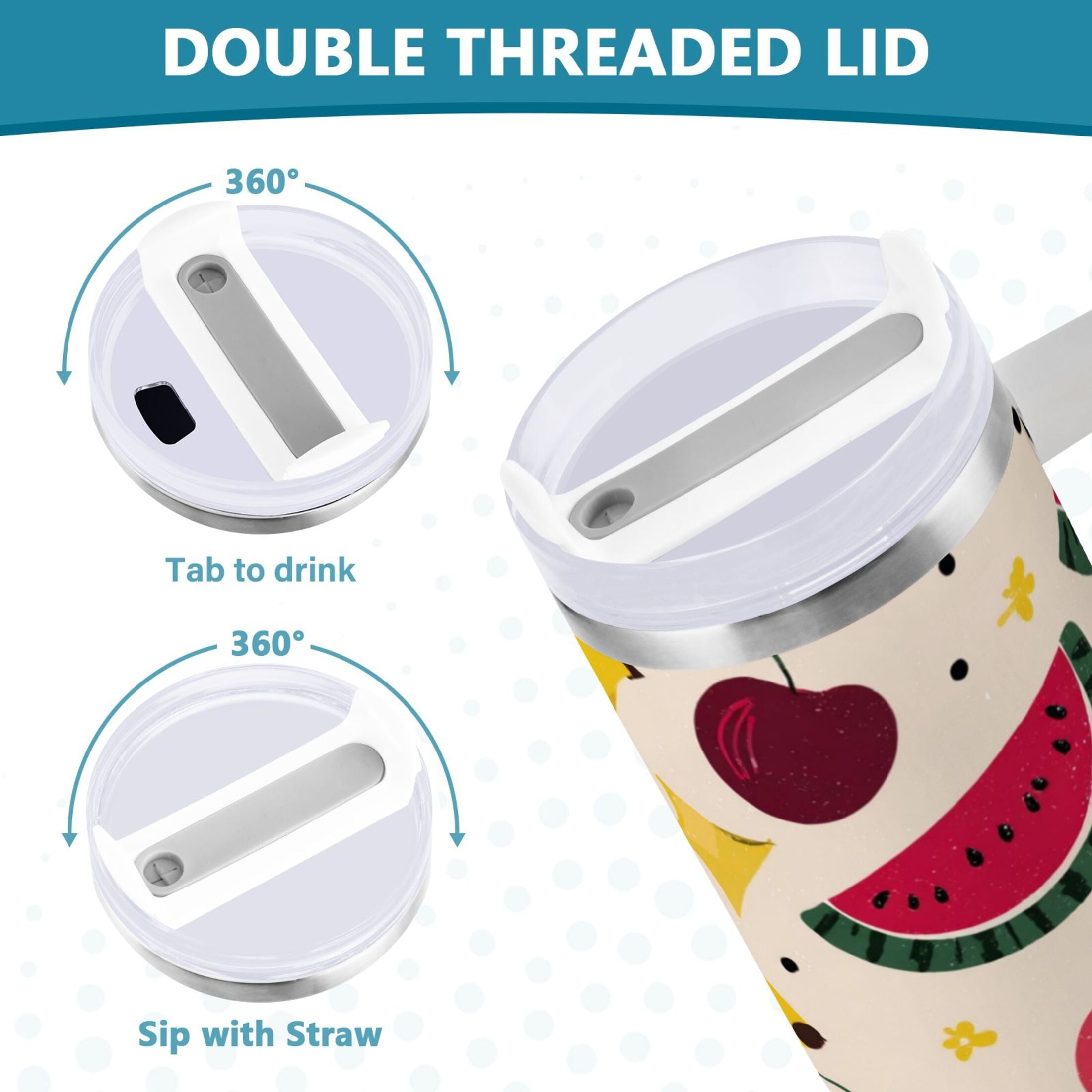 30 oz Insulated Stainless Steel Tumbler Double Wall Stainless Steel Tumbler with 2-Way Drinking Watermelon and Cherries WXK2