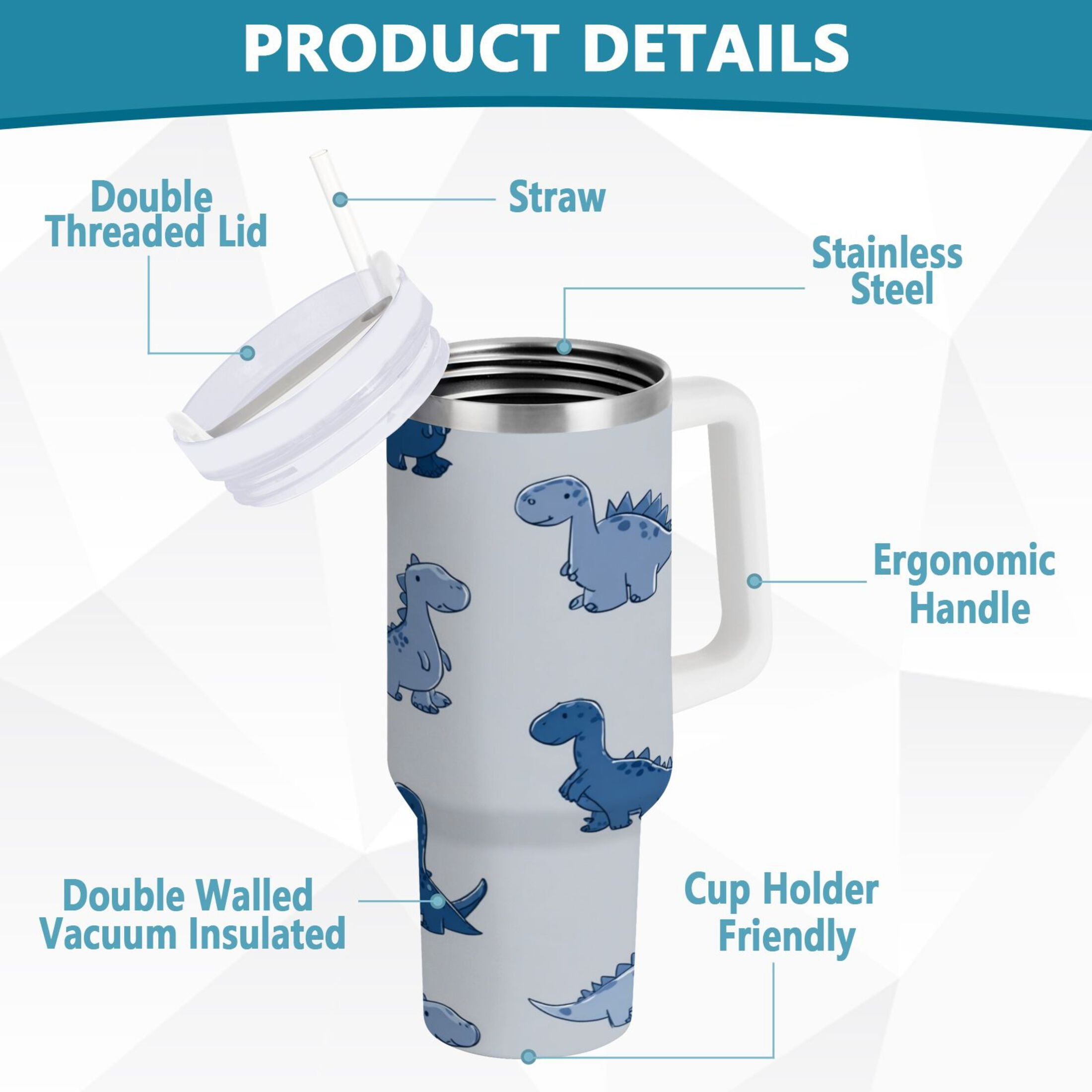 30 oz Insulated Stainless Steel Tumbler Double Wall Stainless Steel Tumbler with 2-Way Drinking Cute Blue Dinosaurs TKRP