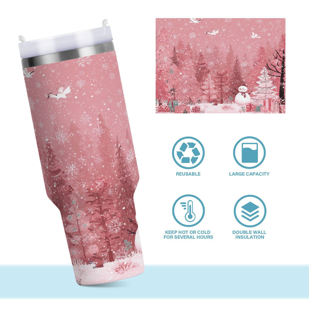 40 oz Insulated Stainless Steel Tumbler Double Wall Stainless Steel Tumbler with 2-Way Drinking Christmas Forest with Snowmen UL2H