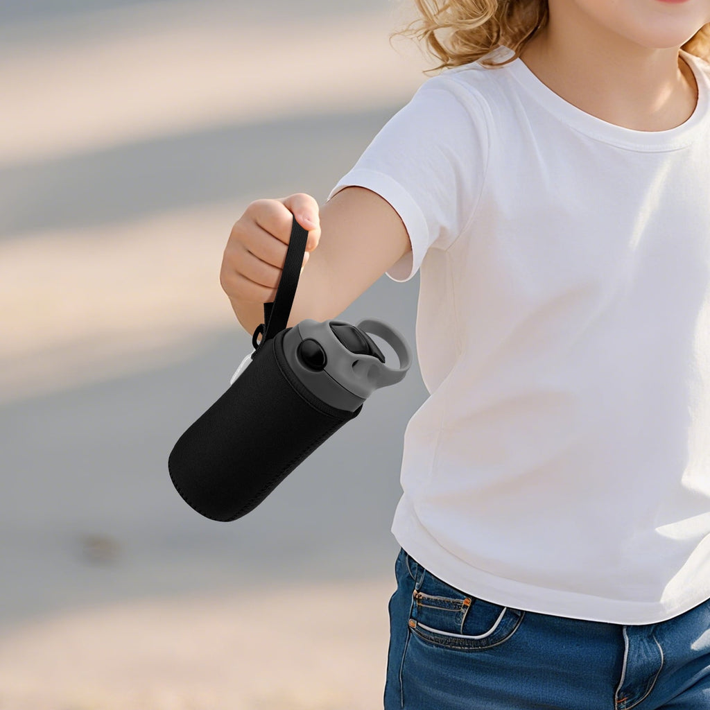 Linkidea Water Bottle Sleeve Compatible with Contigo Aubrey Tritan 14oz, Steel 13oz Kids Bottle, Waterbottle Holder Bag with Name Tag, Black LRVV