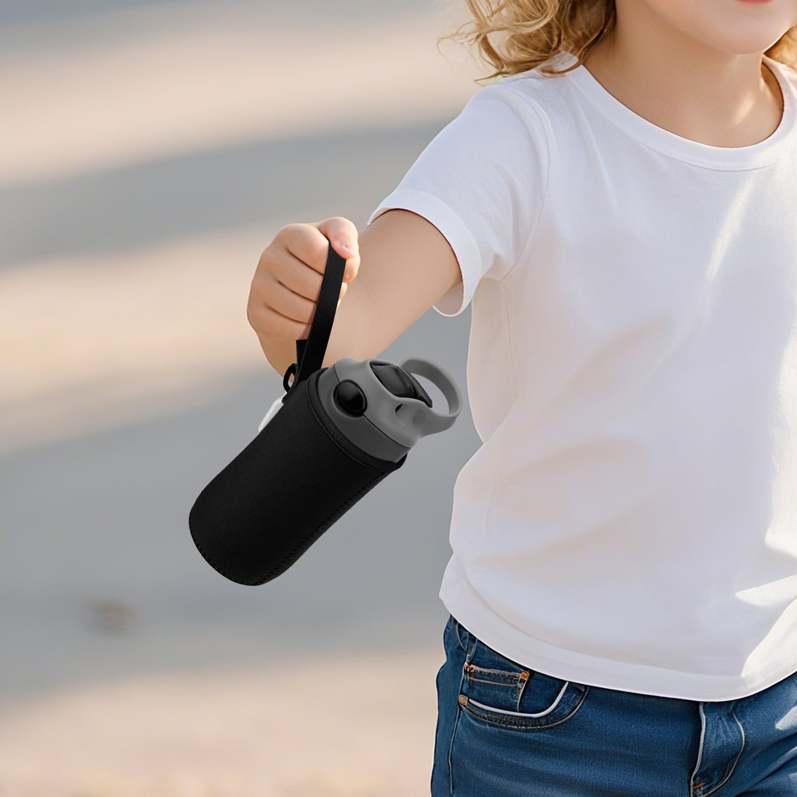 Linkidea Water Bottle Sleeve Compatible with Contigo Aubrey Tritan 14oz, Steel 13oz Kids Bottle, Waterbottle Holder Bag with Name Tag, Black LRVV