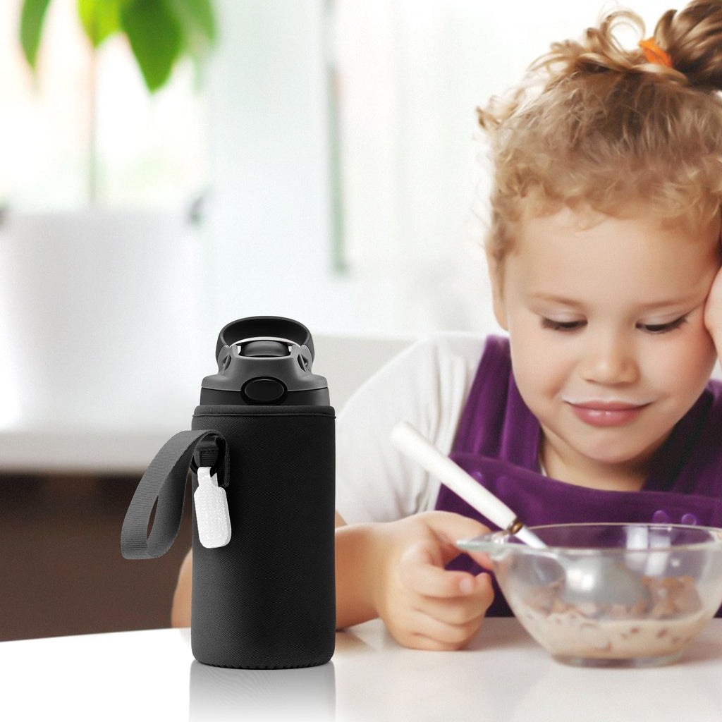 Linkidea Water Bottle Sleeve Compatible with Contigo Aubrey Tritan 14oz, Steel 13oz Kids Bottle, Waterbottle Holder Bag with Name Tag, Black LRVV