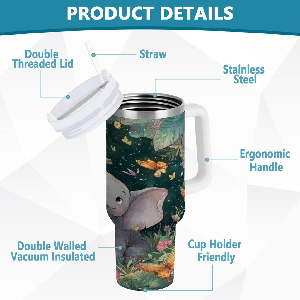 40 oz Insulated Stainless Steel Tumbler Double Wall Stainless Steel Tumbler with 2-Way Drinking Cute Elephant J8YA