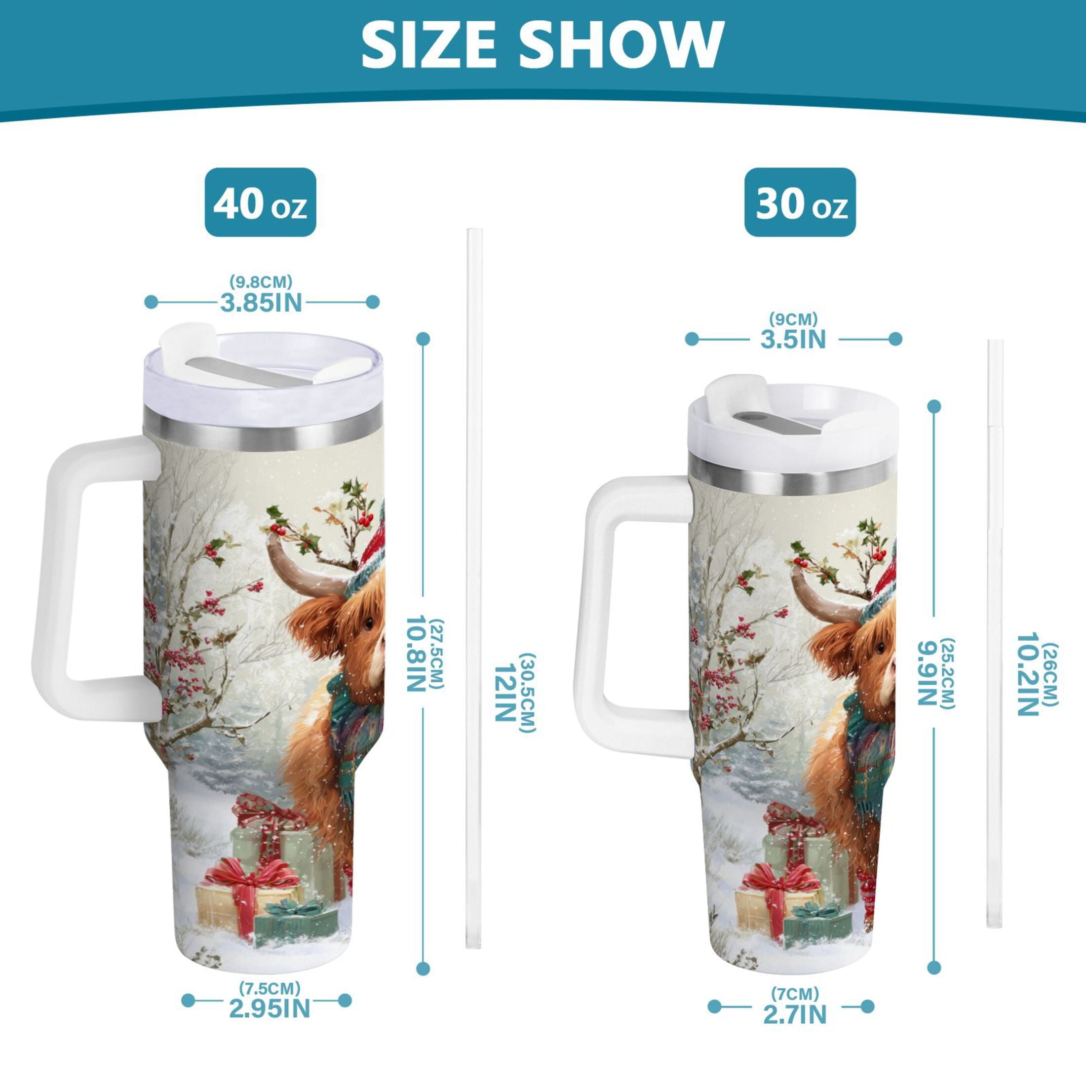 30 oz Insulated Stainless Steel Tumbler Double Wall Stainless Steel Tumbler with 2-Way Drinking Cow Wearing Christmas Hat QK74