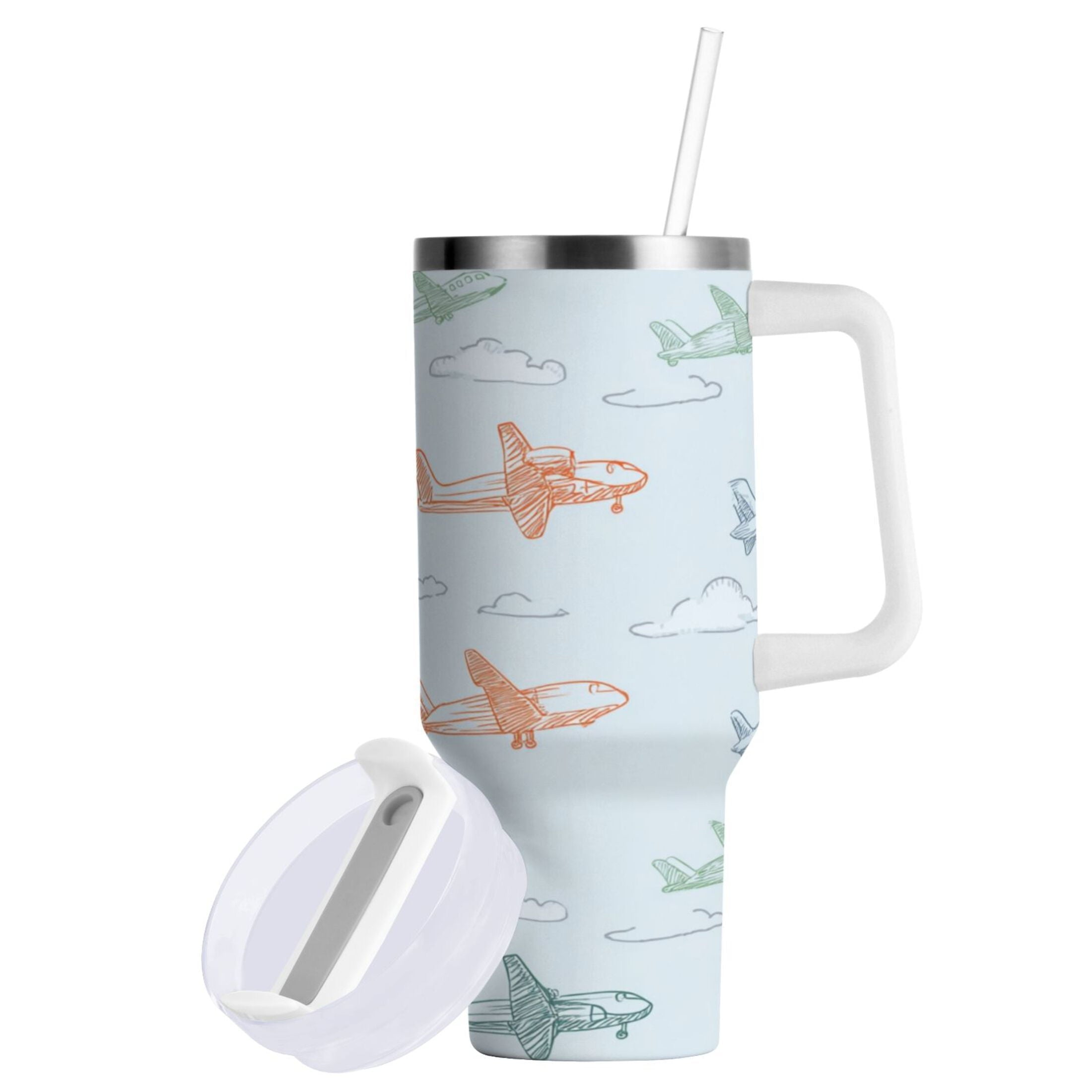 30 oz Insulated Stainless Steel Tumbler Double Wall Stainless Steel Tumbler with 2-Way Drinking Pastel Doodle Airplanes SUOH