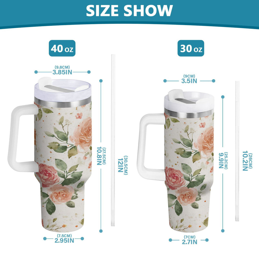 40 oz Insulated Stainless Steel Tumbler Double Wall Stainless Steel Tumbler with 2-Way Drinking Watercolor Rose Floral Pattern 3Q7D