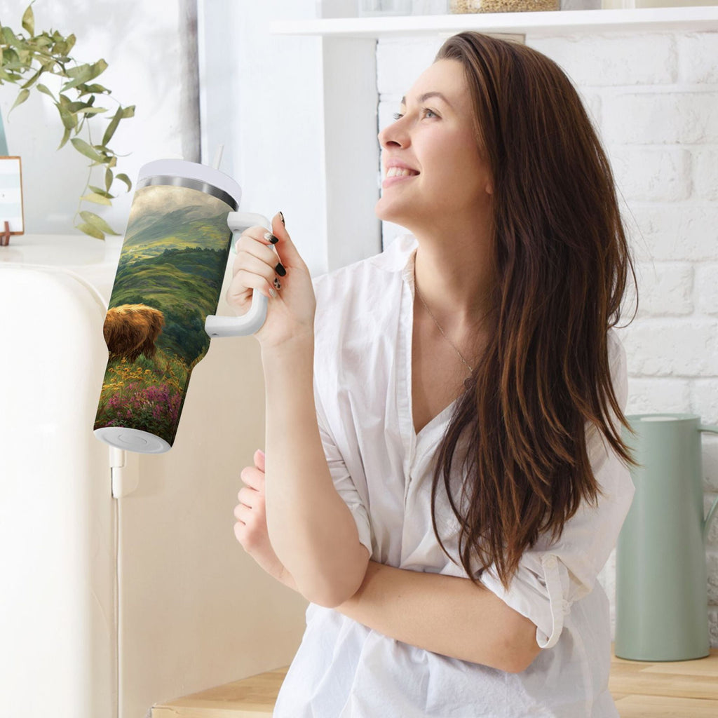 30 oz Insulated Stainless Steel Tumbler Double Wall Stainless Steel Tumbler with 2-Way Drinking Cow in Green Rolling Hills 2PST
