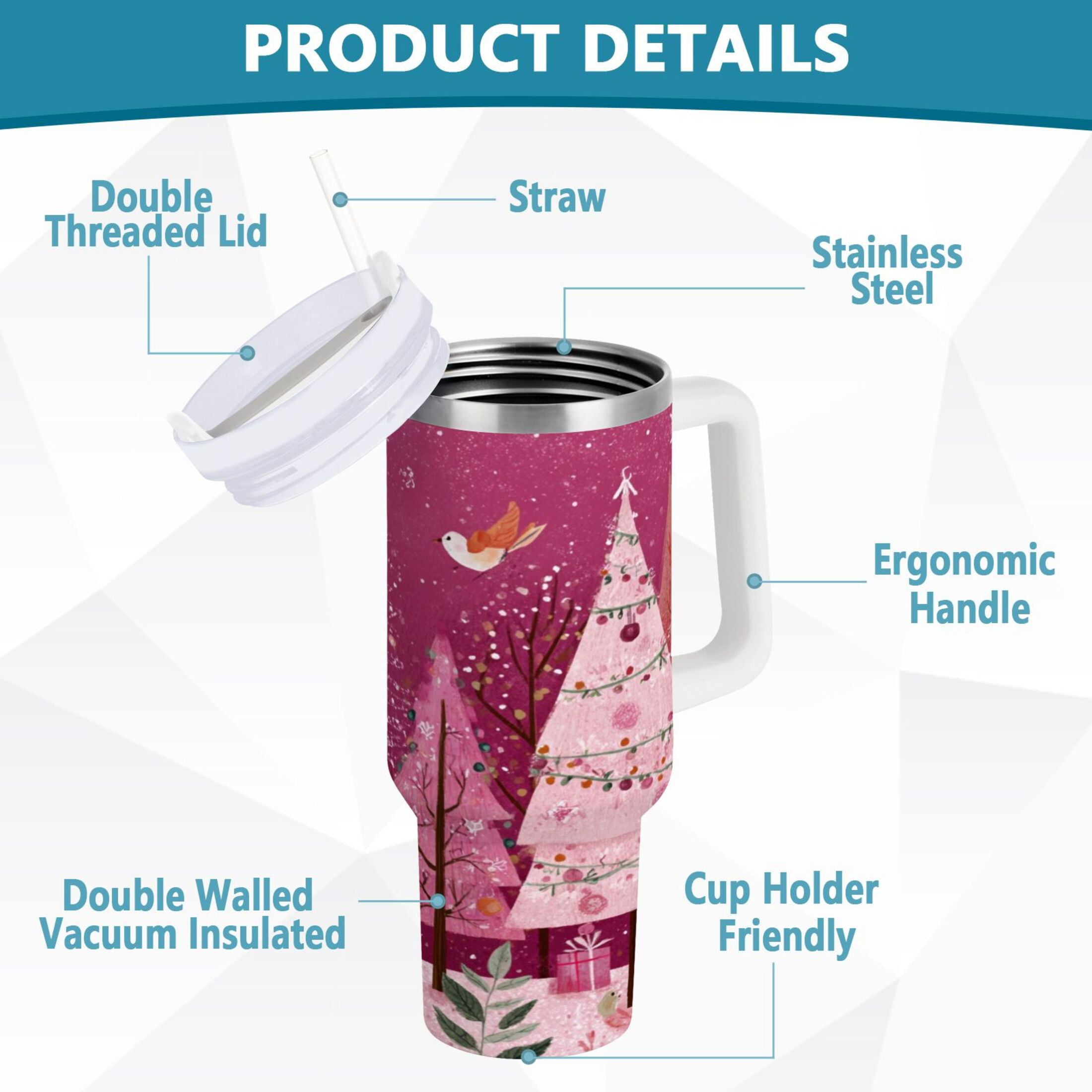 40 oz Insulated Stainless Steel Tumbler Double Wall Stainless Steel Tumbler with 2-Way Drinking Pink Christmas Forest 79HZ