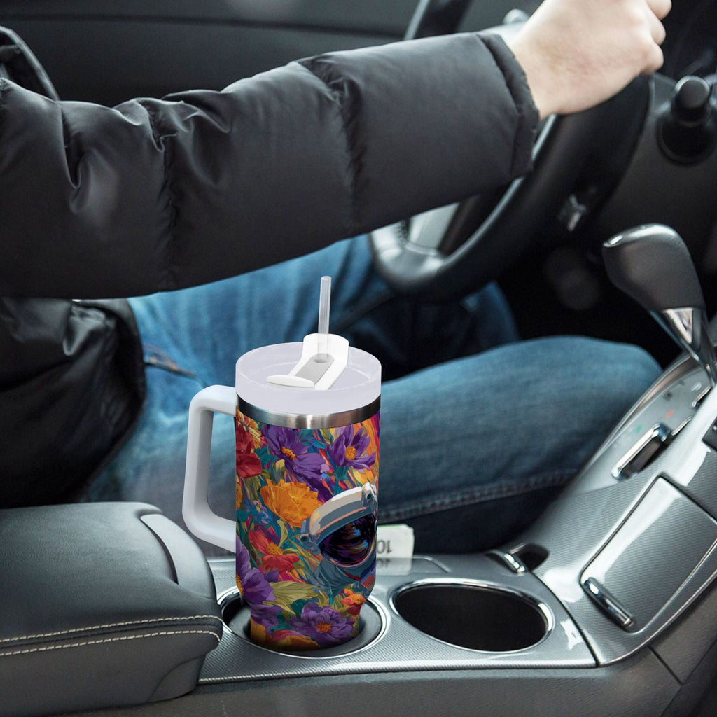 40 oz Insulated Stainless Steel Tumbler Double Wall Stainless Steel Tumbler with 2-Way Drinking Colorful Flowers and Planets 3M68