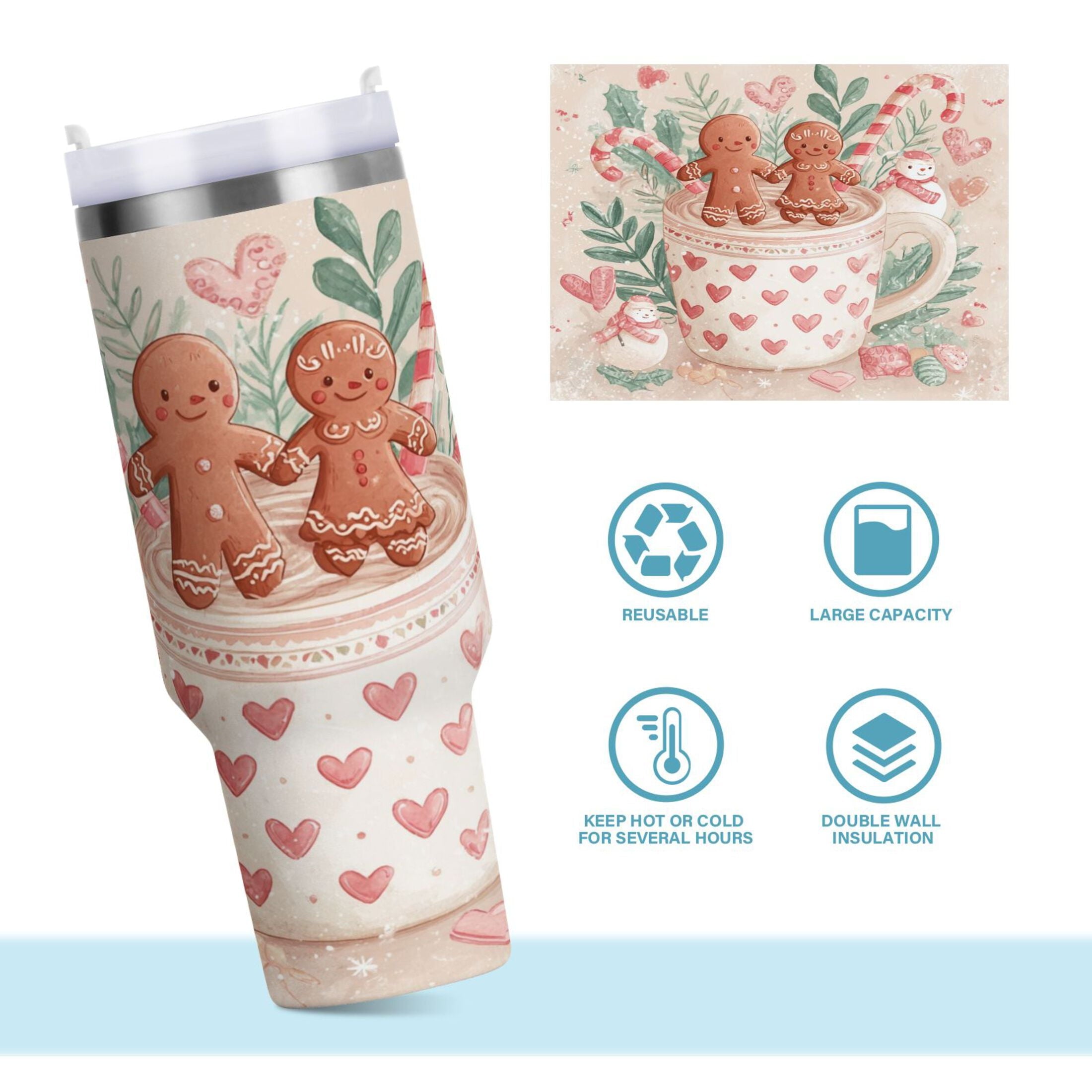 30 oz Insulated Stainless Steel Tumbler Double Wall Stainless Steel Tumbler with 2-Way Drinking Cute Christmas Design ZVFT