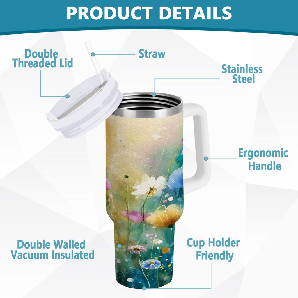 30 oz Insulated Stainless Steel Tumbler Double Wall Stainless Steel Tumbler with 2-Way Drinking Watercolor Wildflowers RLHN