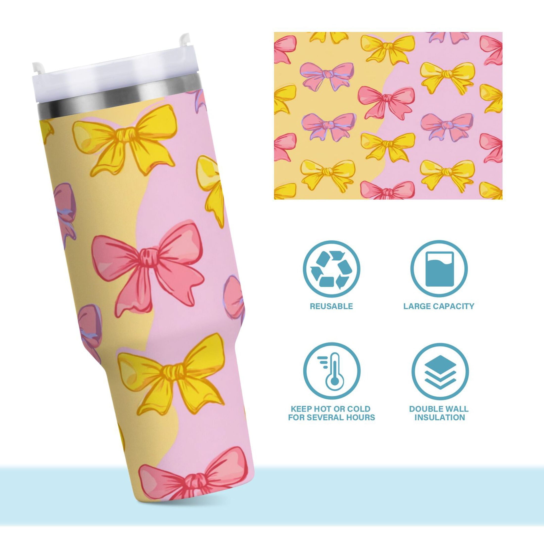 30 oz Insulated Stainless Steel Tumbler Double Wall Stainless Steel Tumbler with 2-Way Drinking Yellow and Pink Bows HCPH