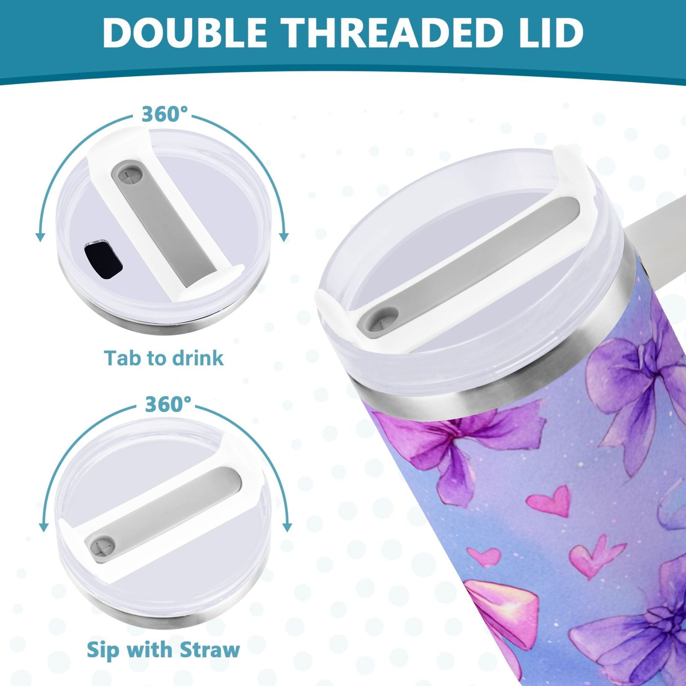 30 oz Insulated Stainless Steel Tumbler Double Wall Stainless Steel Tumbler with 2-Way Drinking Watercolor Bows Pattern RY8U