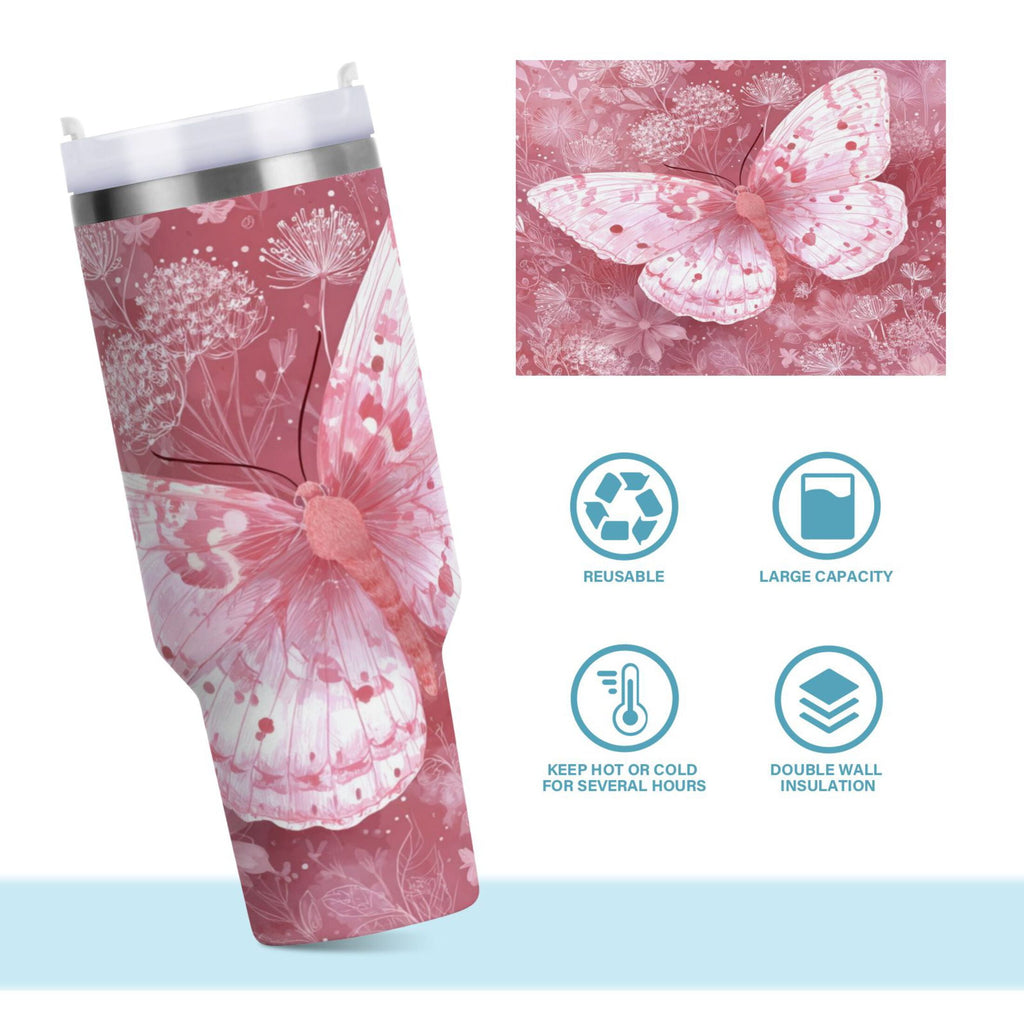 30 oz Insulated Stainless Steel Tumbler Double Wall Stainless Steel Tumbler with 2-Way Drinking Soft Pink Butterfly JRCR