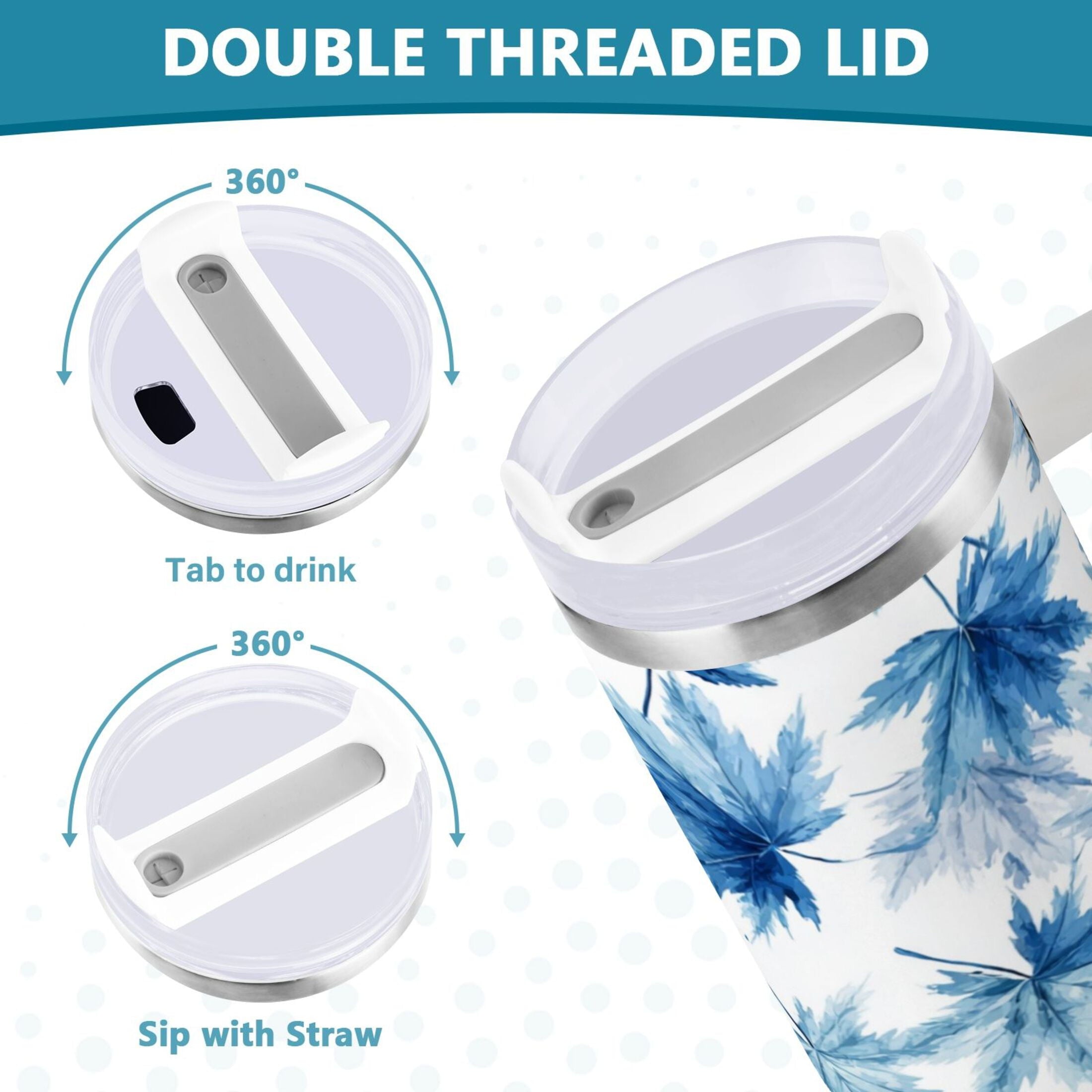 30 oz Insulated Stainless Steel Tumbler Double Wall Stainless Steel Tumbler with 2-Way Drinking Abstract Blue Maple Leaves A3LR