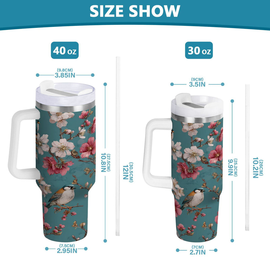 30 oz Insulated Stainless Steel Tumbler Double Wall Stainless Steel Tumbler with 2-Way Drinking Birds and Cherry Pattern TNXK
