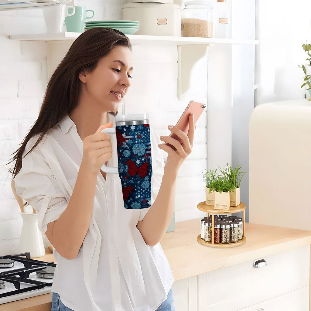 30 oz Insulated Stainless Steel Tumbler Double Wall Stainless Steel Tumbler with 2-Way Drinking Red Butterflies and Flags CB52