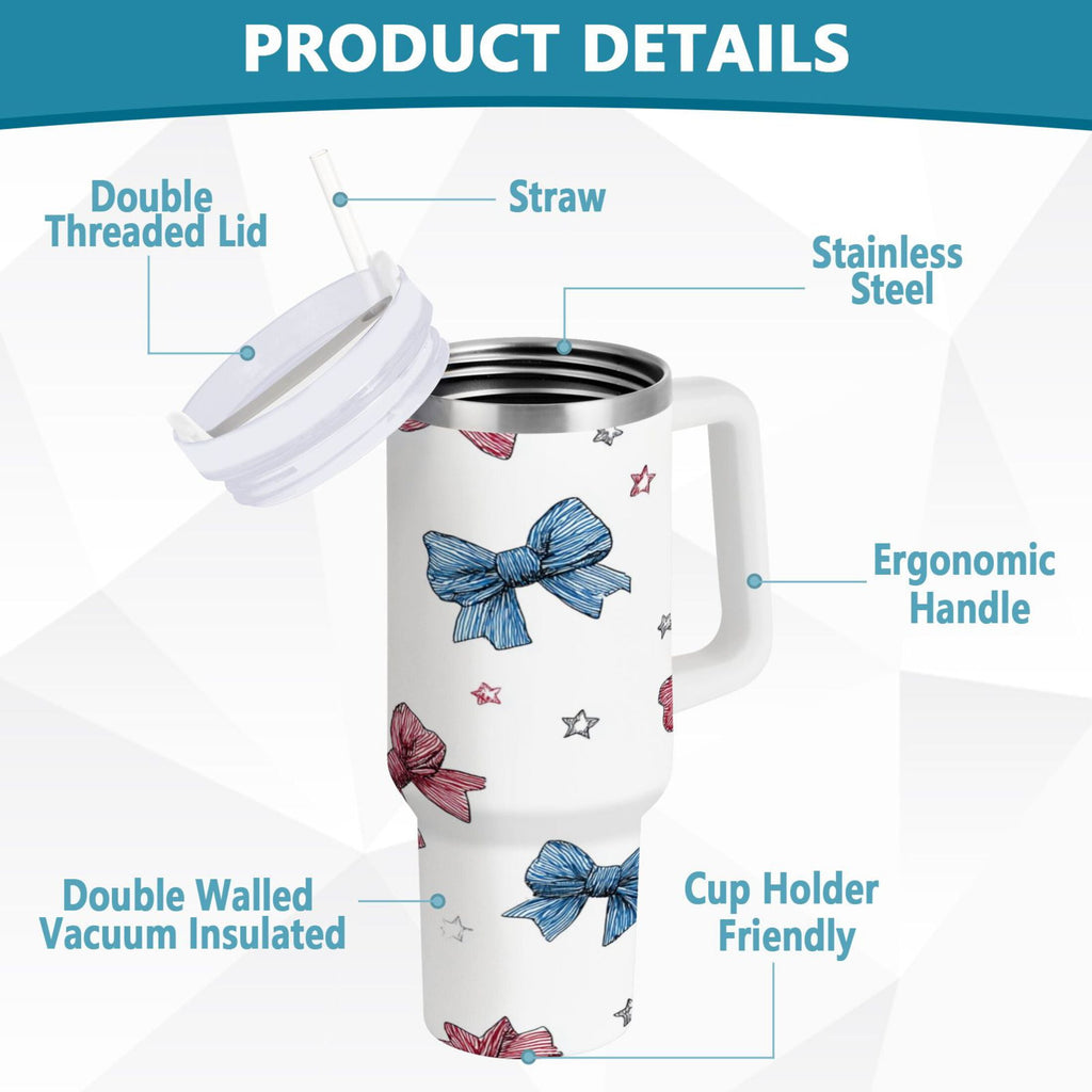 40 oz Insulated Stainless Steel Tumbler Double Wall Stainless Steel Tumbler with 2-Way Drinking Red and Blue Stripes Bows OIXH
