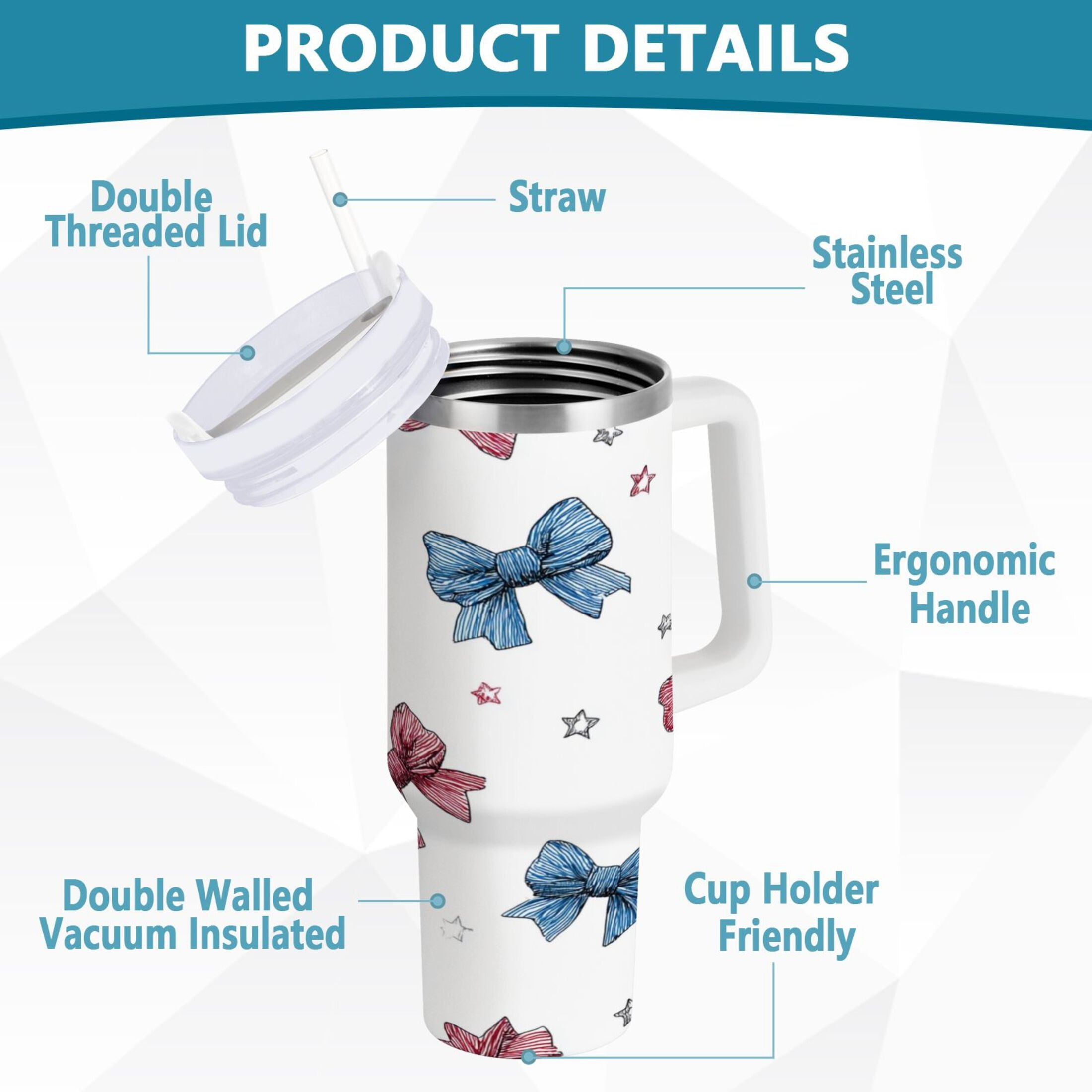 40 oz Insulated Stainless Steel Tumbler Double Wall Stainless Steel Tumbler with 2-Way Drinking Red and Blue Stripes Bows OIXH