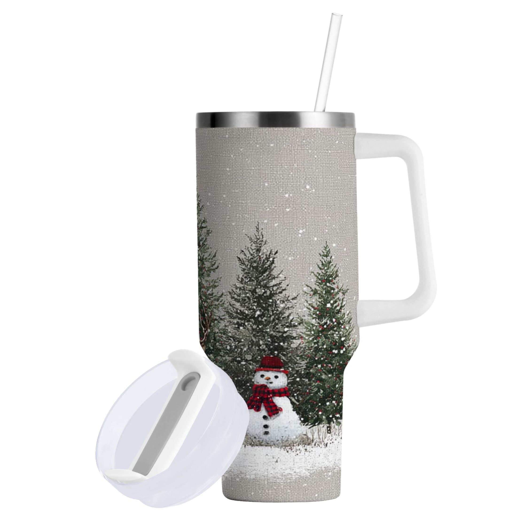 30 oz Insulated Stainless Steel Tumbler Double Wall Stainless Steel Tumbler with 2-Way Drinking Christmas Deer and Snowmen EFHT