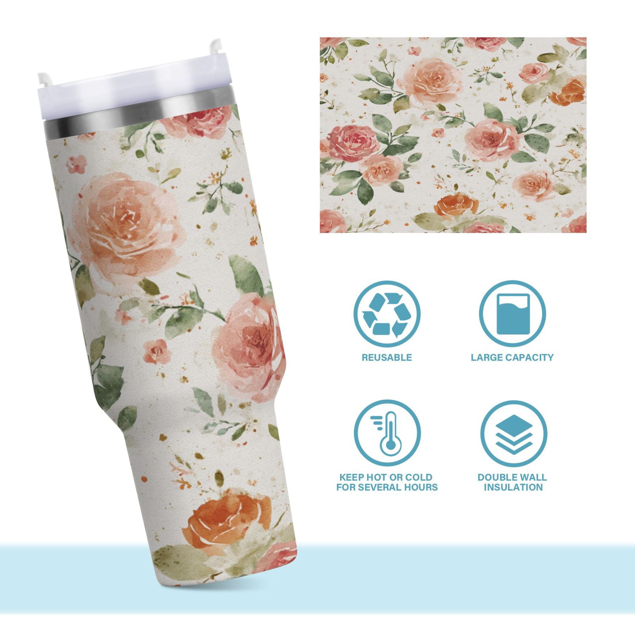 40 oz Insulated Stainless Steel Tumbler Double Wall Stainless Steel Tumbler with 2-Way Drinking Watercolor Rose Floral Pattern 3Q7D