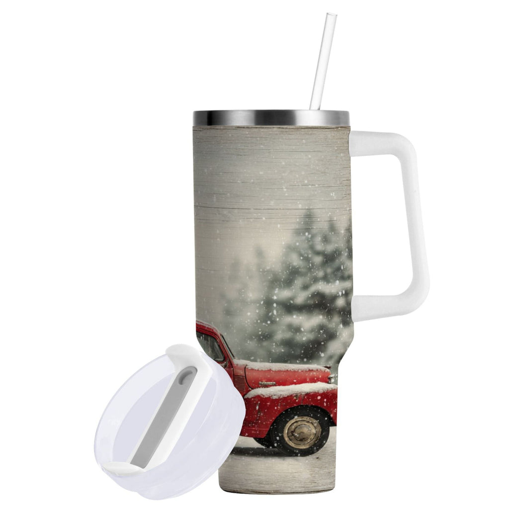 40 oz Insulated Stainless Steel Tumbler Double Wall Stainless Steel Tumbler with 2-Way Drinking Vintage Red Truck F1LK