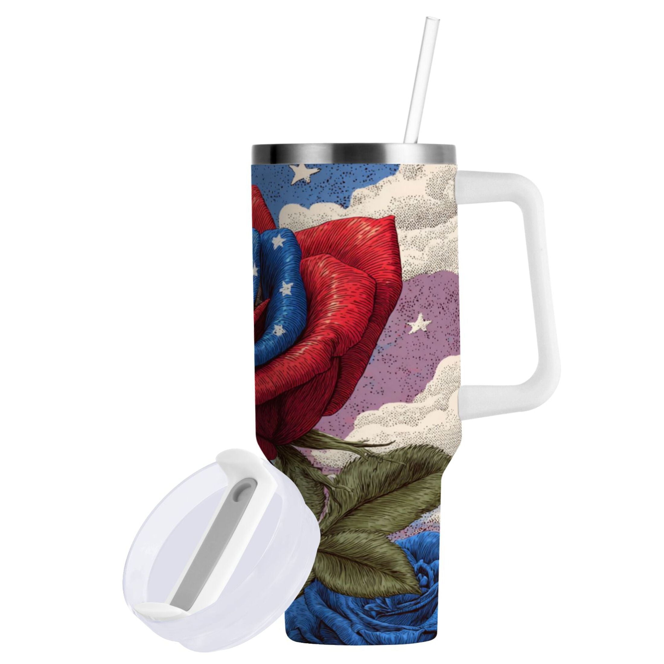40 oz Insulated Stainless Steel Tumbler Double Wall Stainless Steel Tumbler with 2-Way Drinking Roses and Clouds D14B