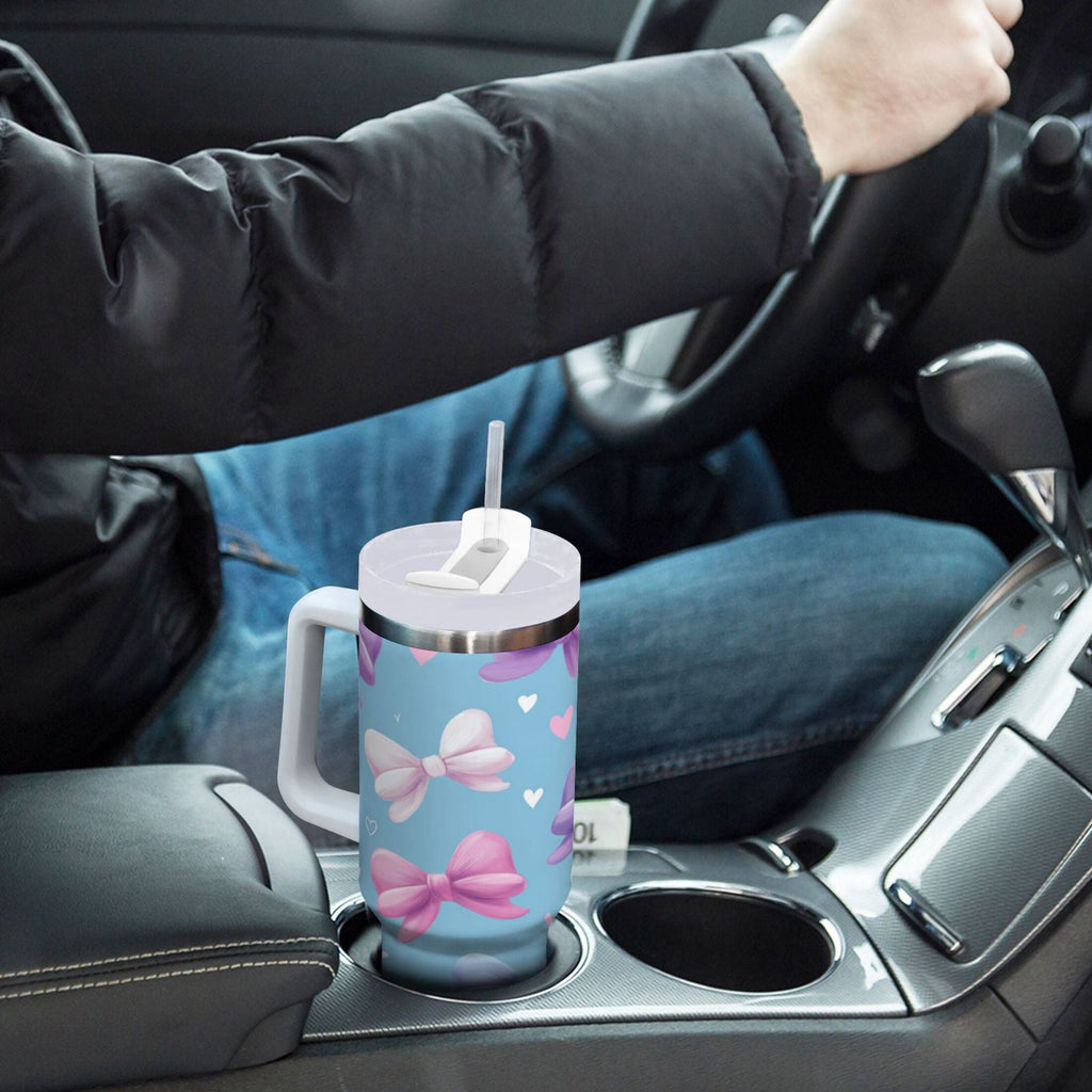 30 oz Insulated Stainless Steel Tumbler Double Wall Stainless Steel Tumbler with 2-Way Drinking Pink and Purple Bows F2KL