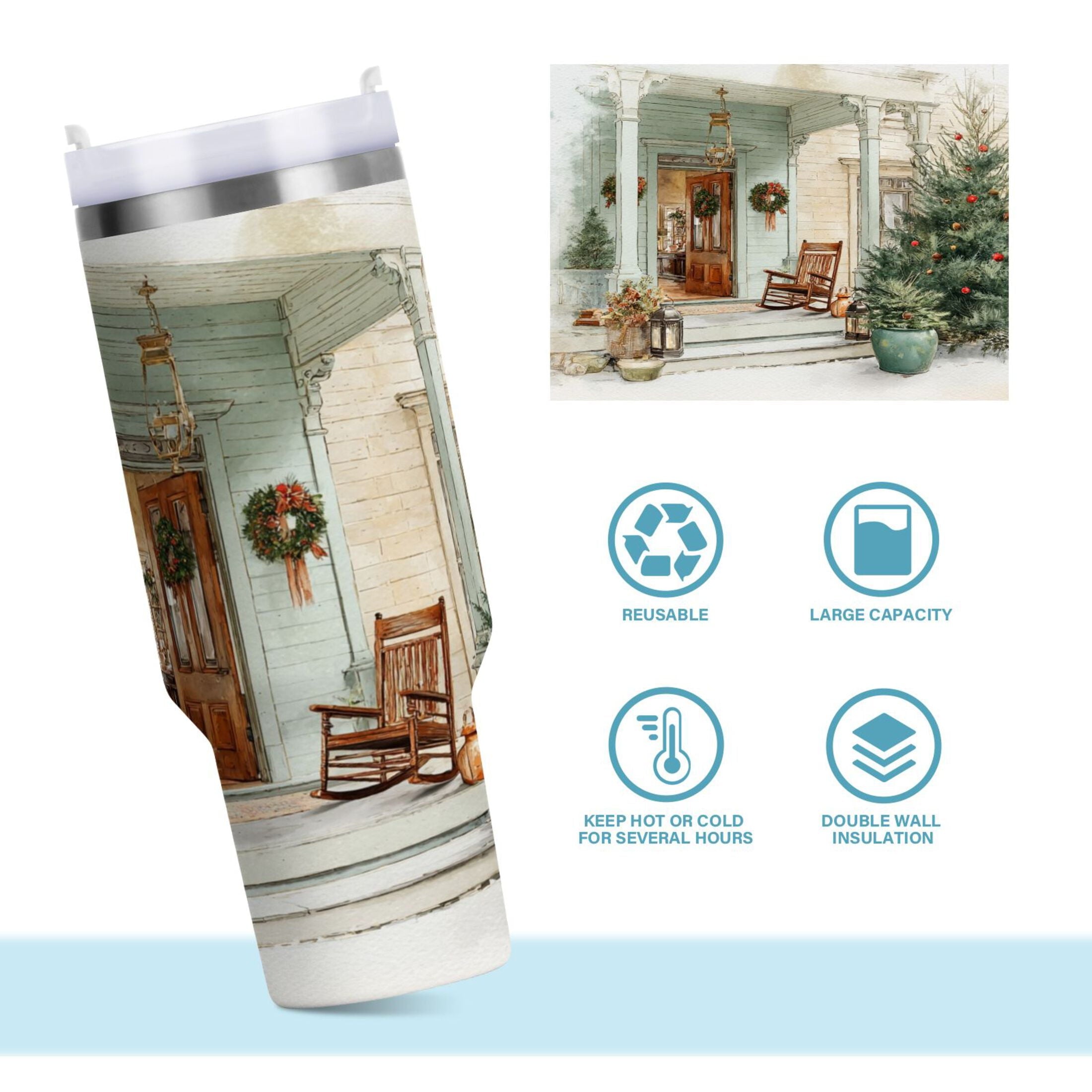 30 oz Insulated Stainless Steel Tumbler Double Wall Stainless Steel Tumbler with 2-Way Drinking Charming Christmas Doorway QPD2