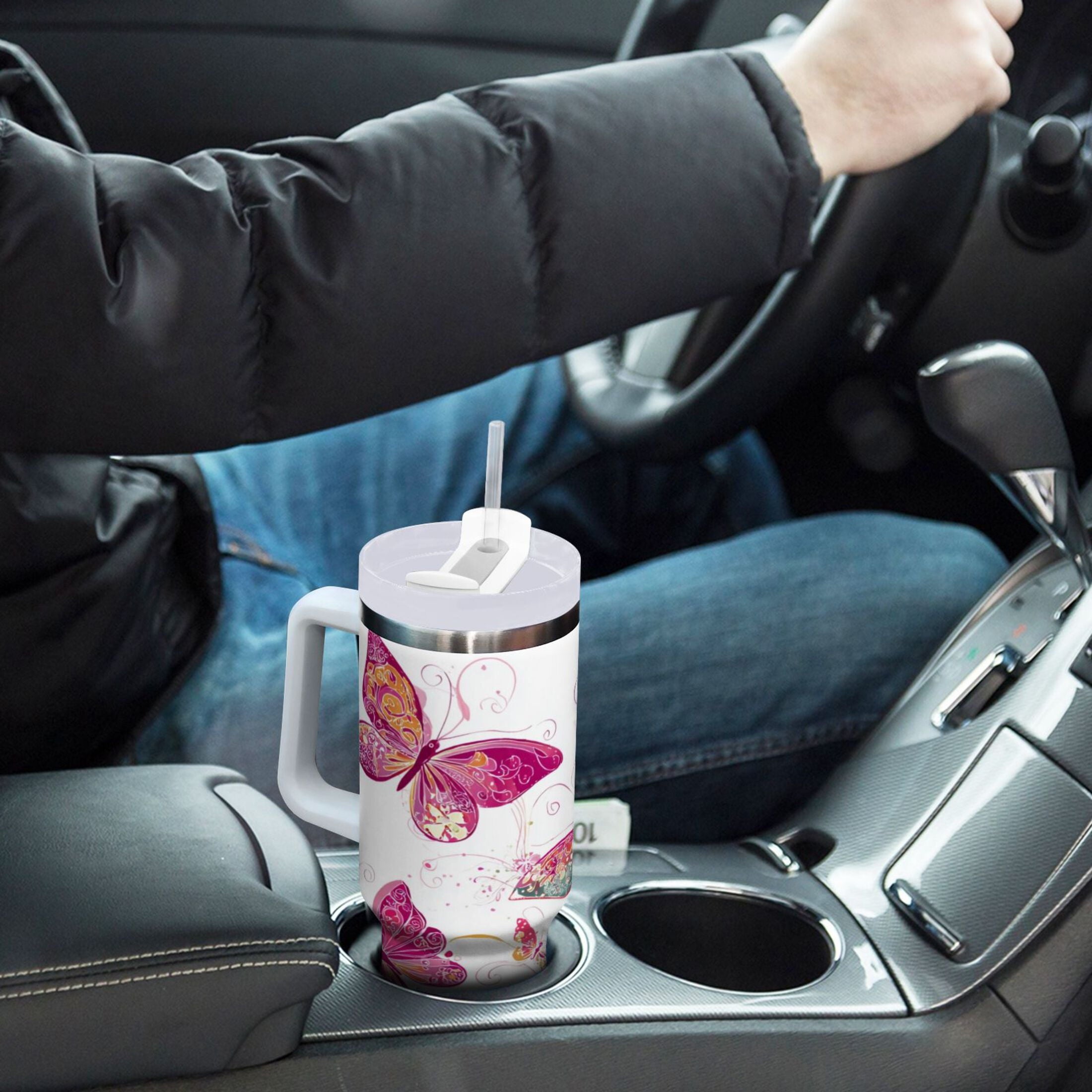 30 oz Insulated Stainless Steel Tumbler Double Wall Stainless Steel Tumbler with 2-Way Drinking Colorful Butterflies 25QE