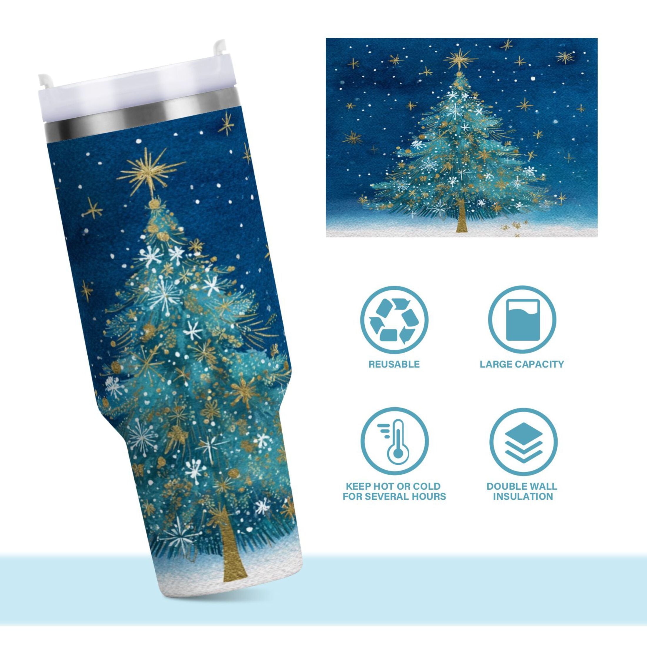 40 oz Insulated Stainless Steel Tumbler Double Wall Stainless Steel Tumbler with 2-Way Drinking Watercolor Christmas Tree 8CM9