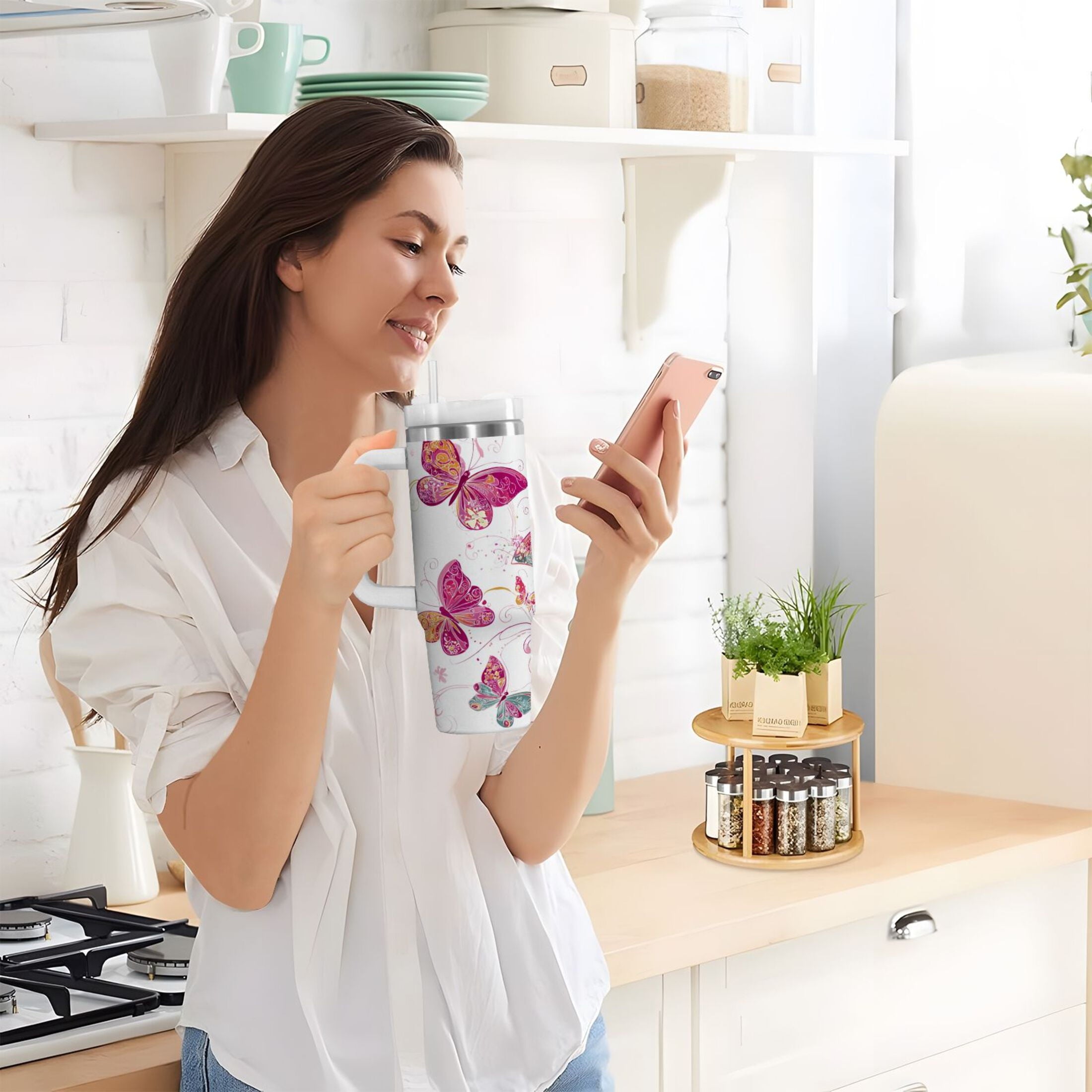 30 oz Insulated Stainless Steel Tumbler Double Wall Stainless Steel Tumbler with 2-Way Drinking Colorful Butterflies 25QE