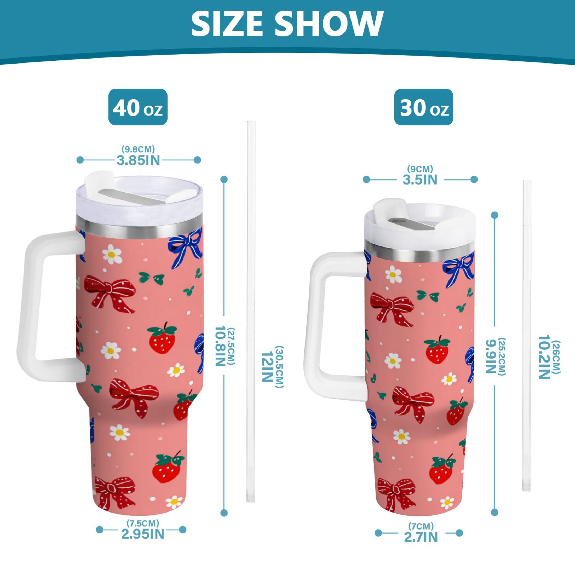 40 oz Insulated Stainless Steel Tumbler Double Wall Stainless Steel Tumbler with 2-Way Drinking Bows and Strawberries Pattern BD1V