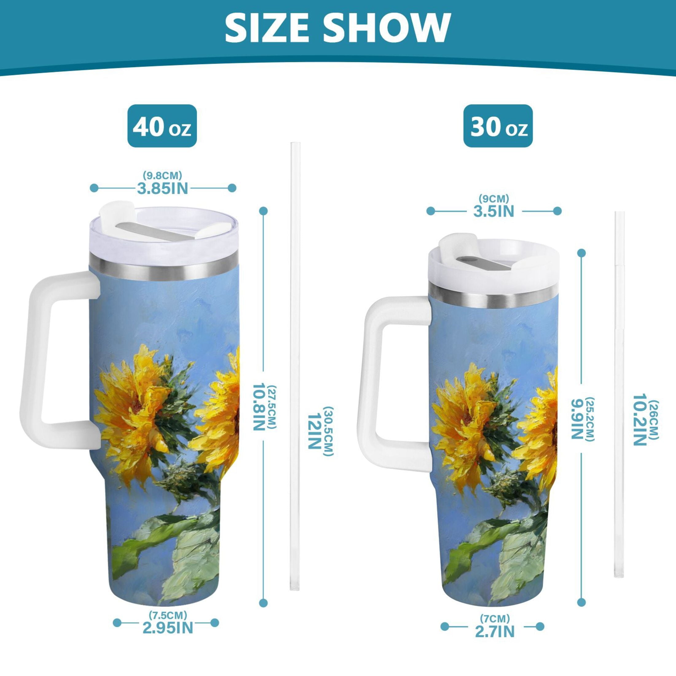 40 oz Insulated Stainless Steel Tumbler Double Wall Stainless Steel Tumbler with 2-Way Drinking Sunflowers Painting 0U05