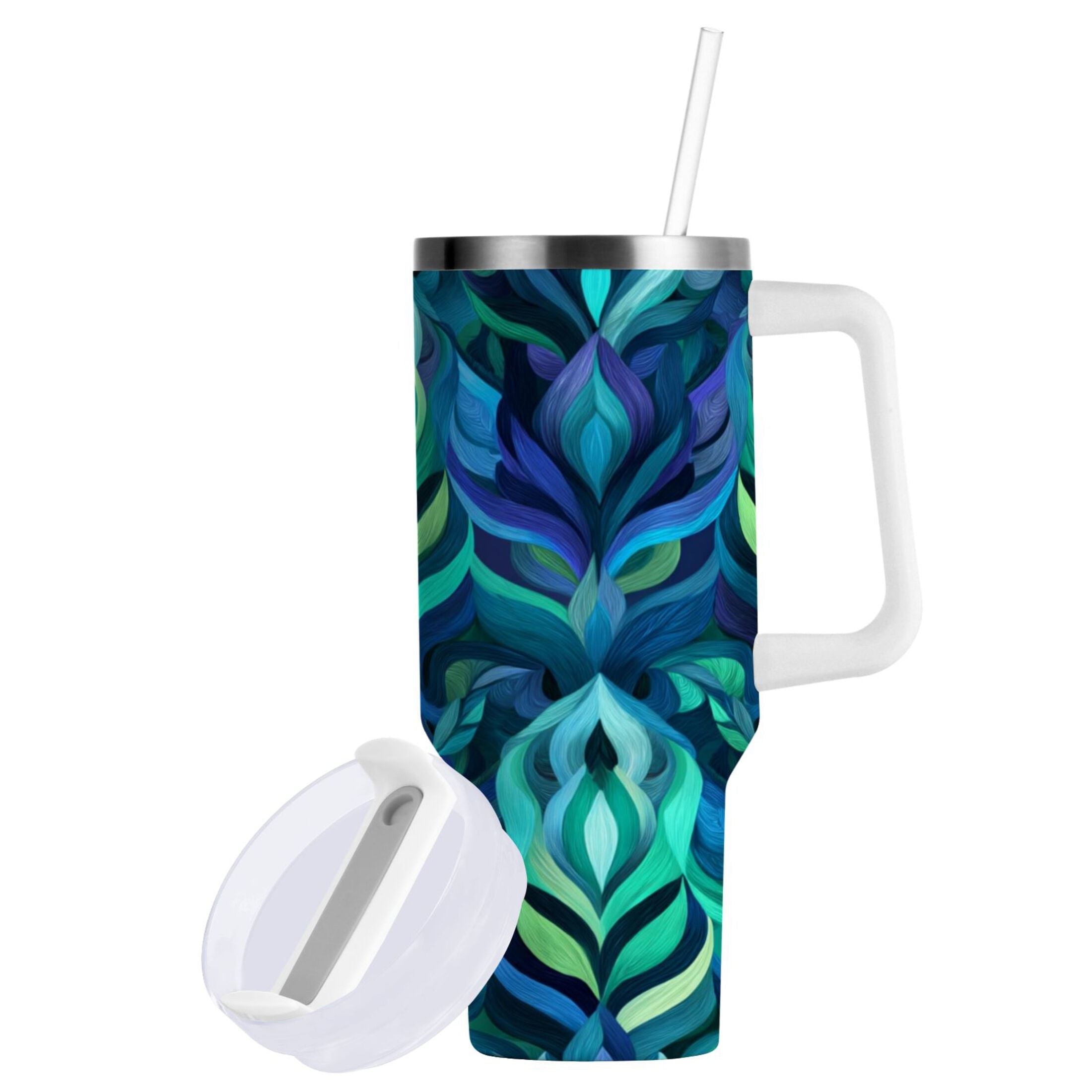 40 oz Insulated Stainless Steel Tumbler Double Wall Stainless Steel Tumbler with 2-Way Drinking Elegant Blue Abstract Shapes 8BDA