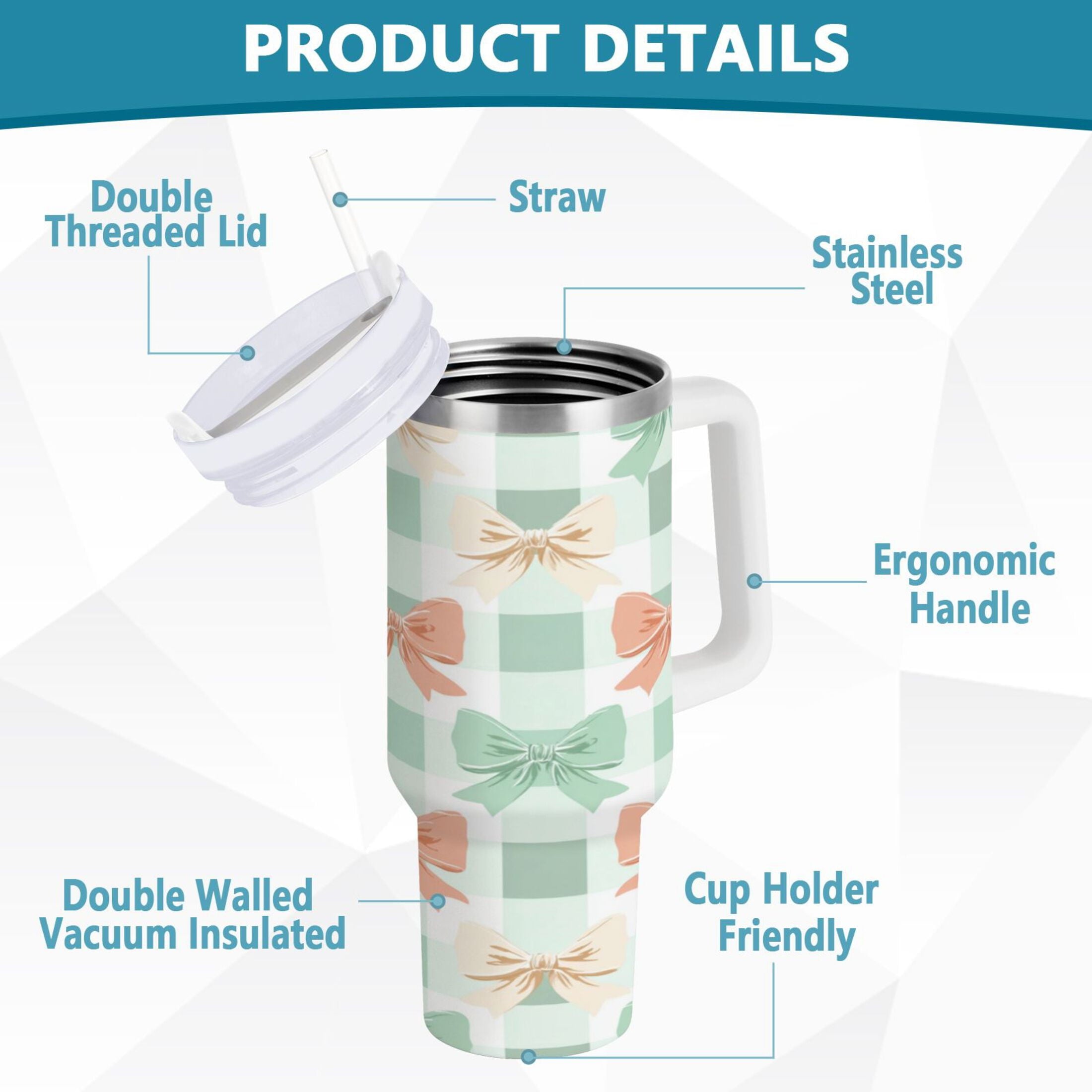 40 oz Insulated Stainless Steel Tumbler Double Wall Stainless Steel Tumbler with 2-Way Drinking Green and Peach Bow Pattern 85MI