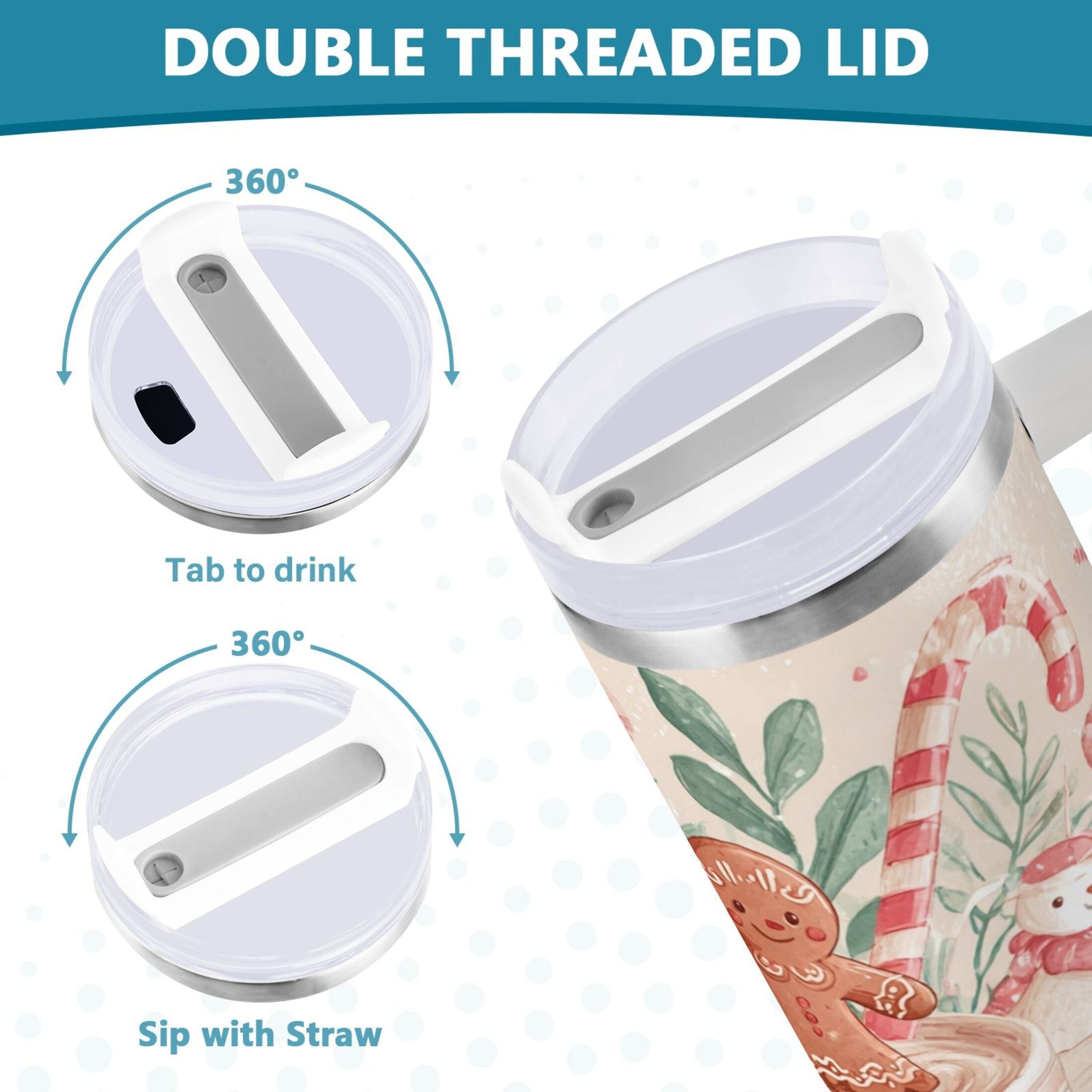 30 oz Insulated Stainless Steel Tumbler Double Wall Stainless Steel Tumbler with 2-Way Drinking Cute Christmas Design ZVFT