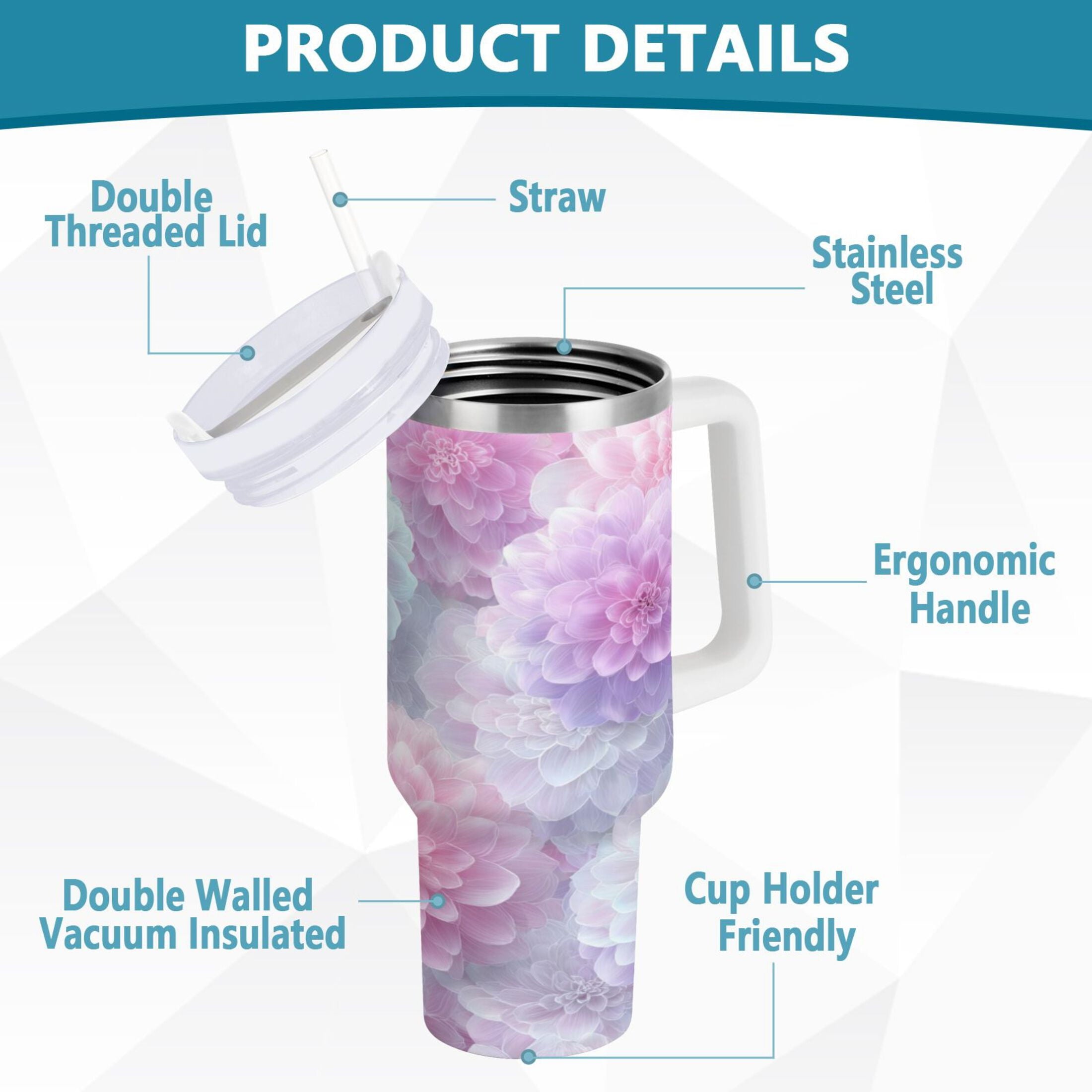 30 oz Insulated Stainless Steel Tumbler Double Wall Stainless Steel Tumbler with 2-Way Drinking Cute Pastel Watercolor Floral 4A58