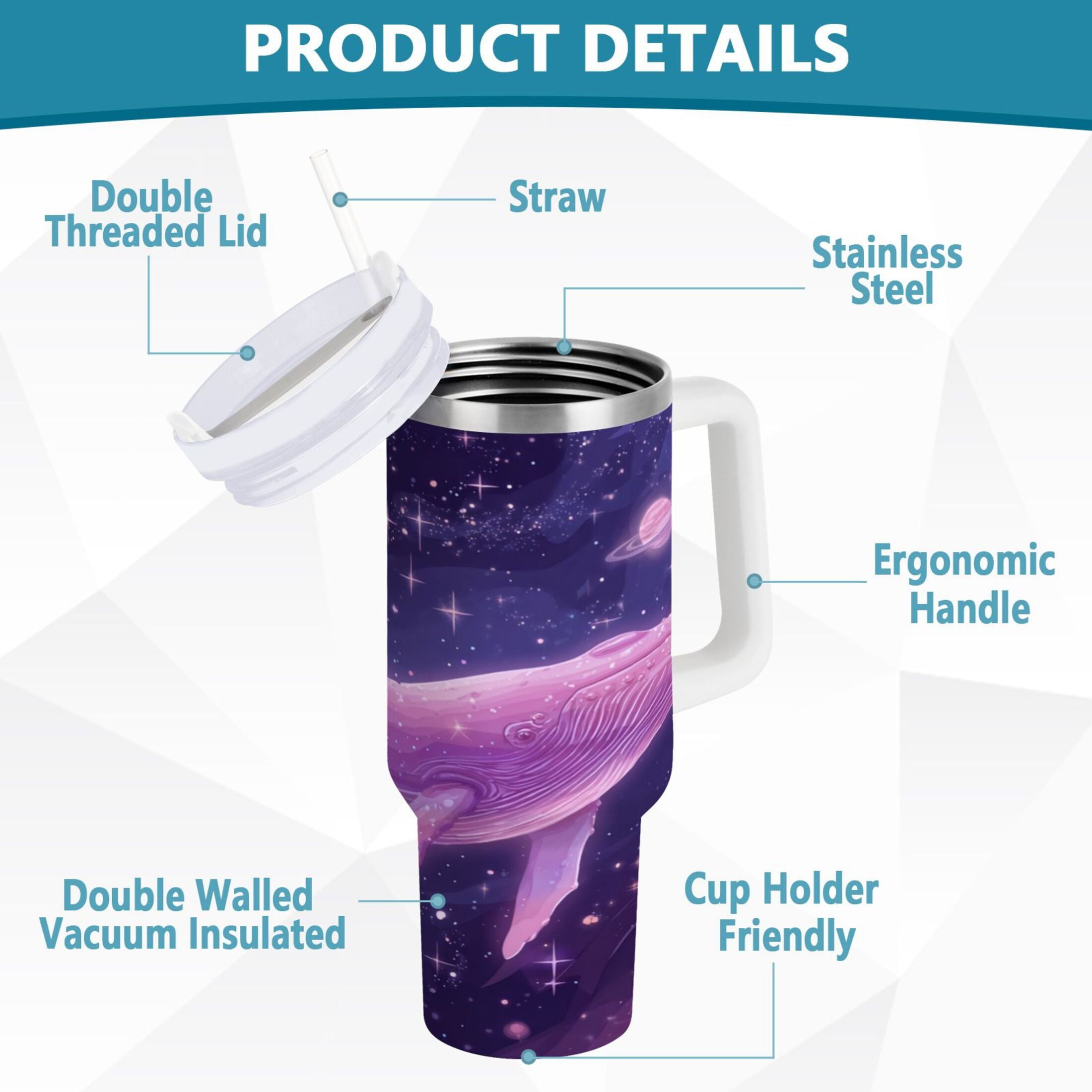 30 oz Insulated Stainless Steel Tumbler Double Wall Stainless Steel Tumbler with 2-Way Drinking Whale in Space JX8T