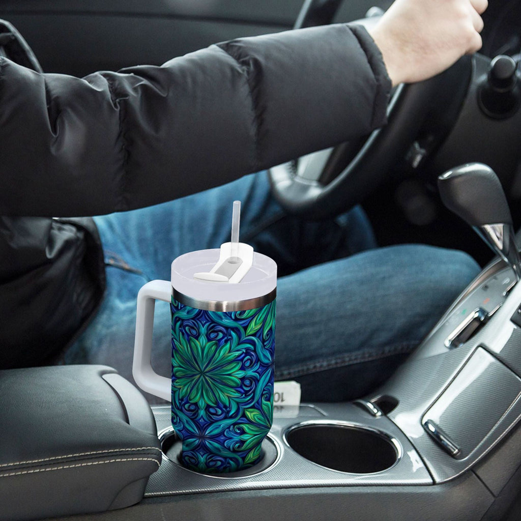 40 oz Insulated Stainless Steel Tumbler Double Wall Stainless Steel Tumbler with 2-Way Drinking Elegant Blue Traditional Patterns 99BN