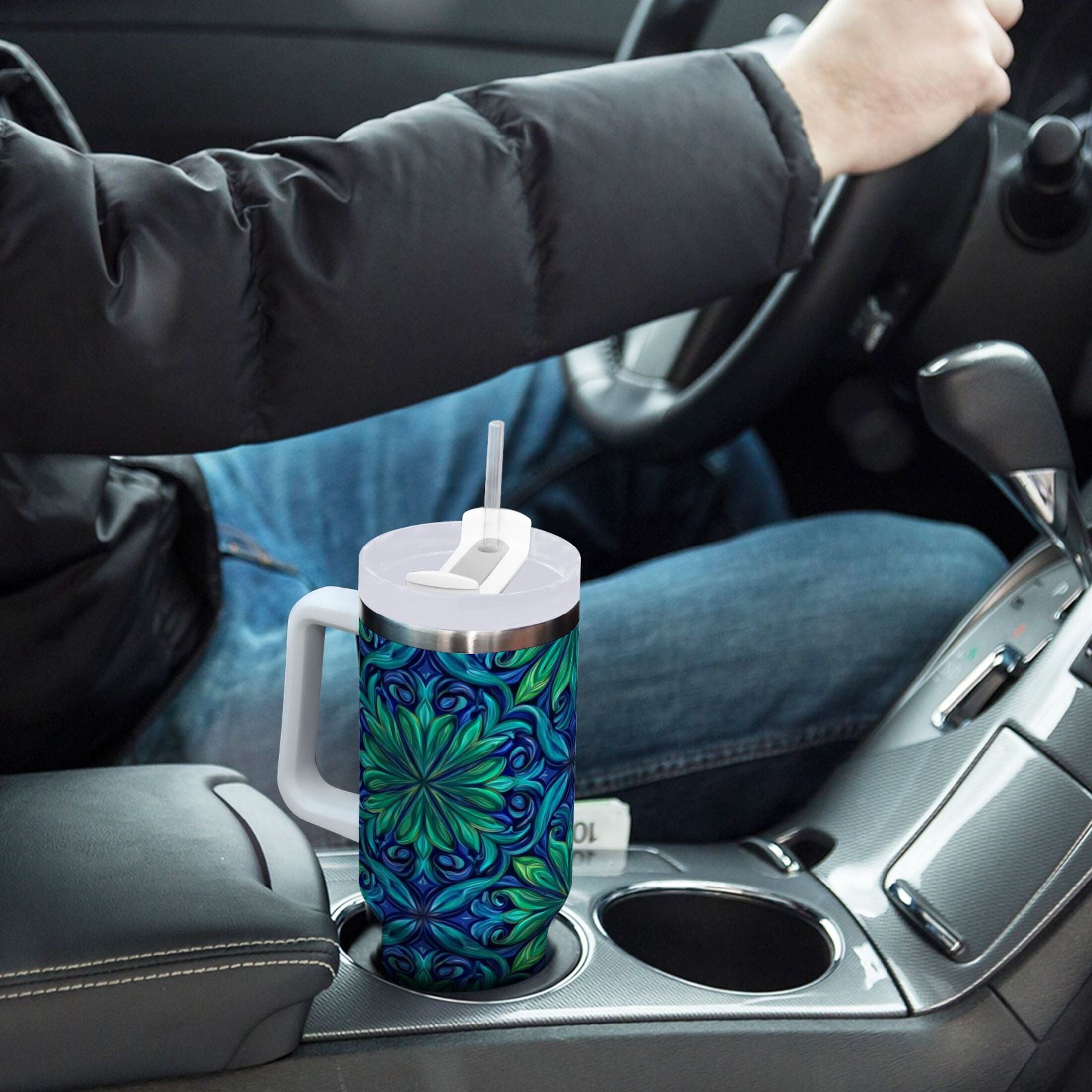 40 oz Insulated Stainless Steel Tumbler Double Wall Stainless Steel Tumbler with 2-Way Drinking Elegant Blue Traditional Patterns 99BN