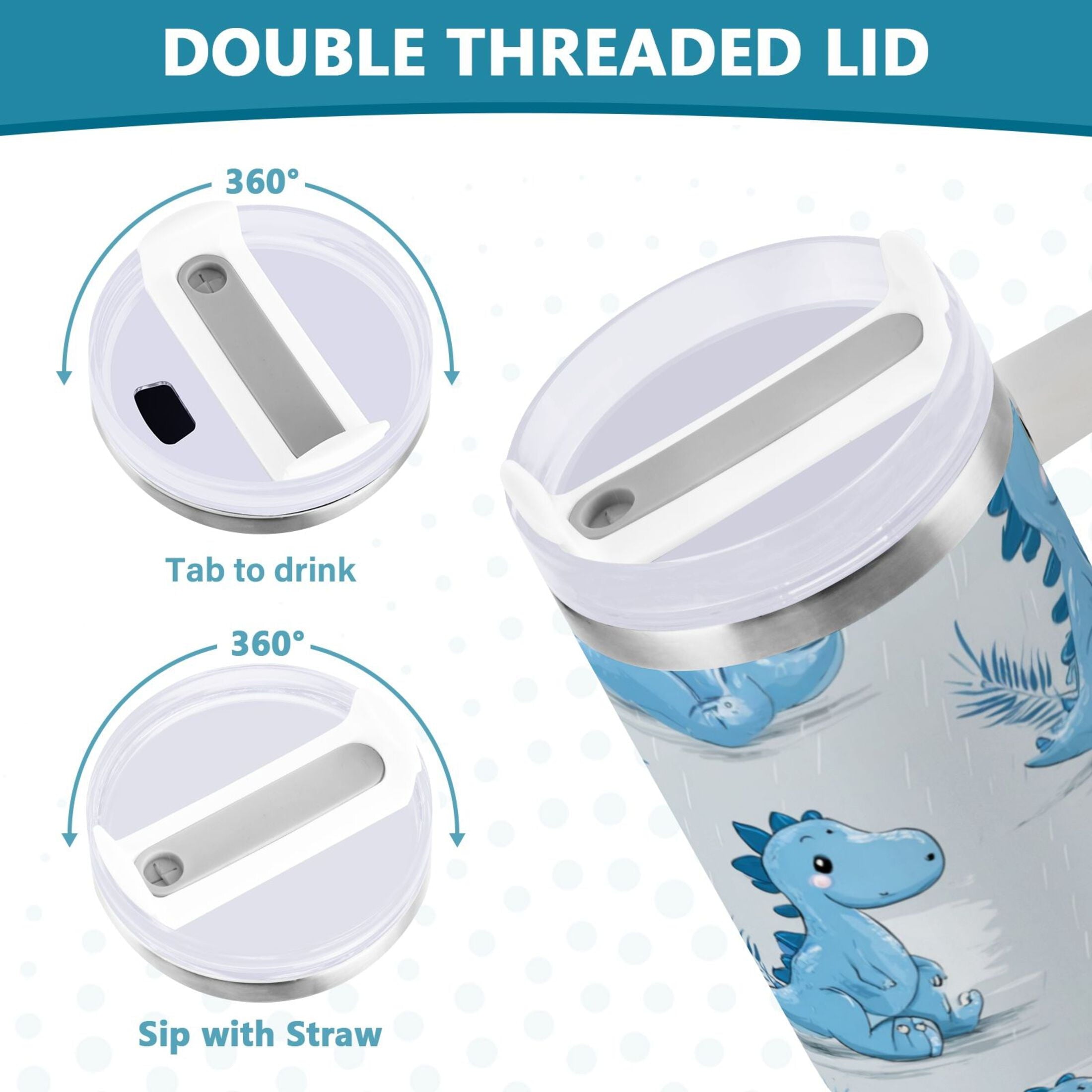30 oz Insulated Stainless Steel Tumbler Double Wall Stainless Steel Tumbler with 2-Way Drinking Cartoon Blue Dinosaurs 73KN