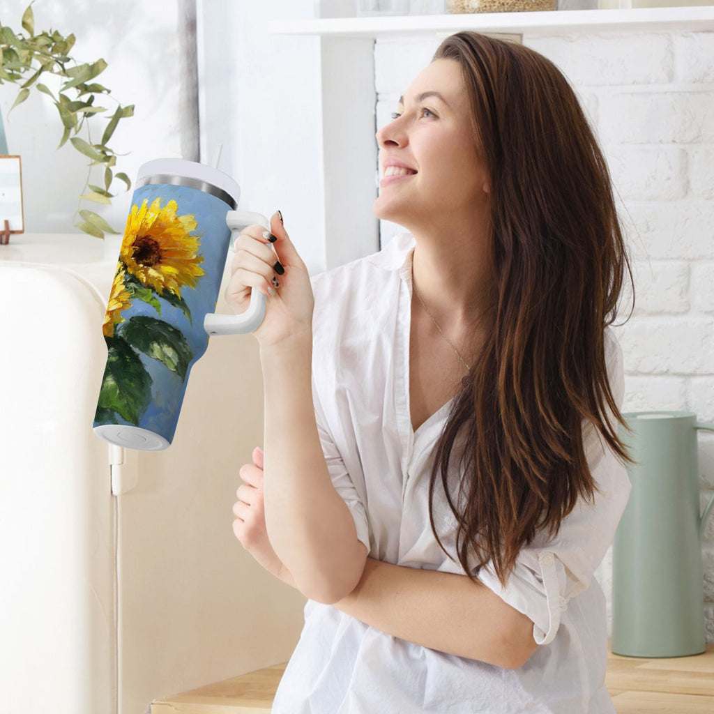 40 oz Insulated Stainless Steel Tumbler Double Wall Stainless Steel Tumbler with 2-Way Drinking Sunflowers Painting 0U05