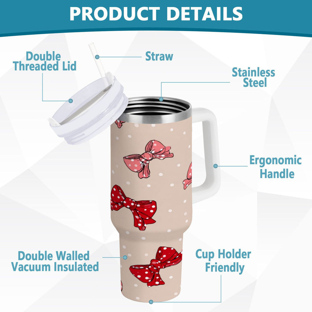 30 oz Insulated Stainless Steel Tumbler Double Wall Stainless Steel Tumbler with 2-Way Drinking Cute Red Bows Pattern 1AEB