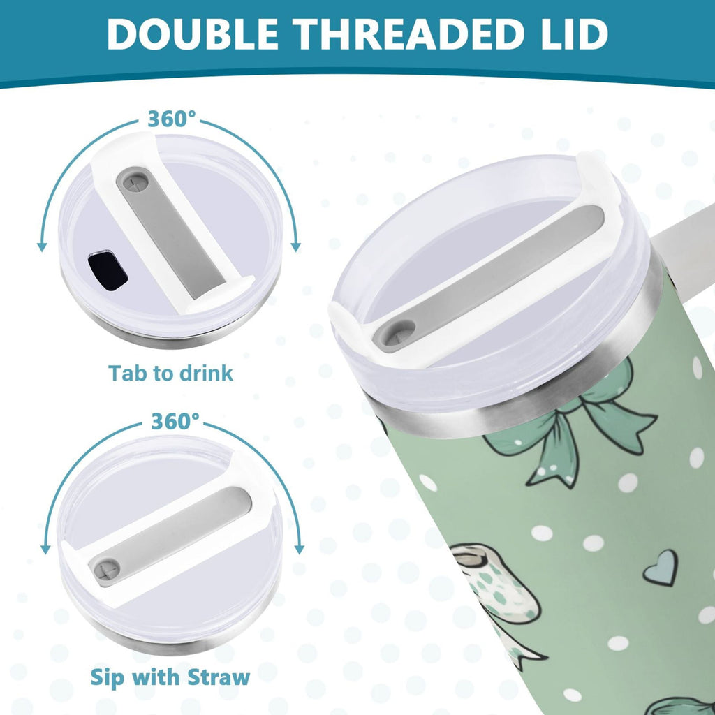 30 oz Insulated Stainless Steel Tumbler Double Wall Stainless Steel Tumbler with 2-Way Drinking Green and Mint Bows GSQF