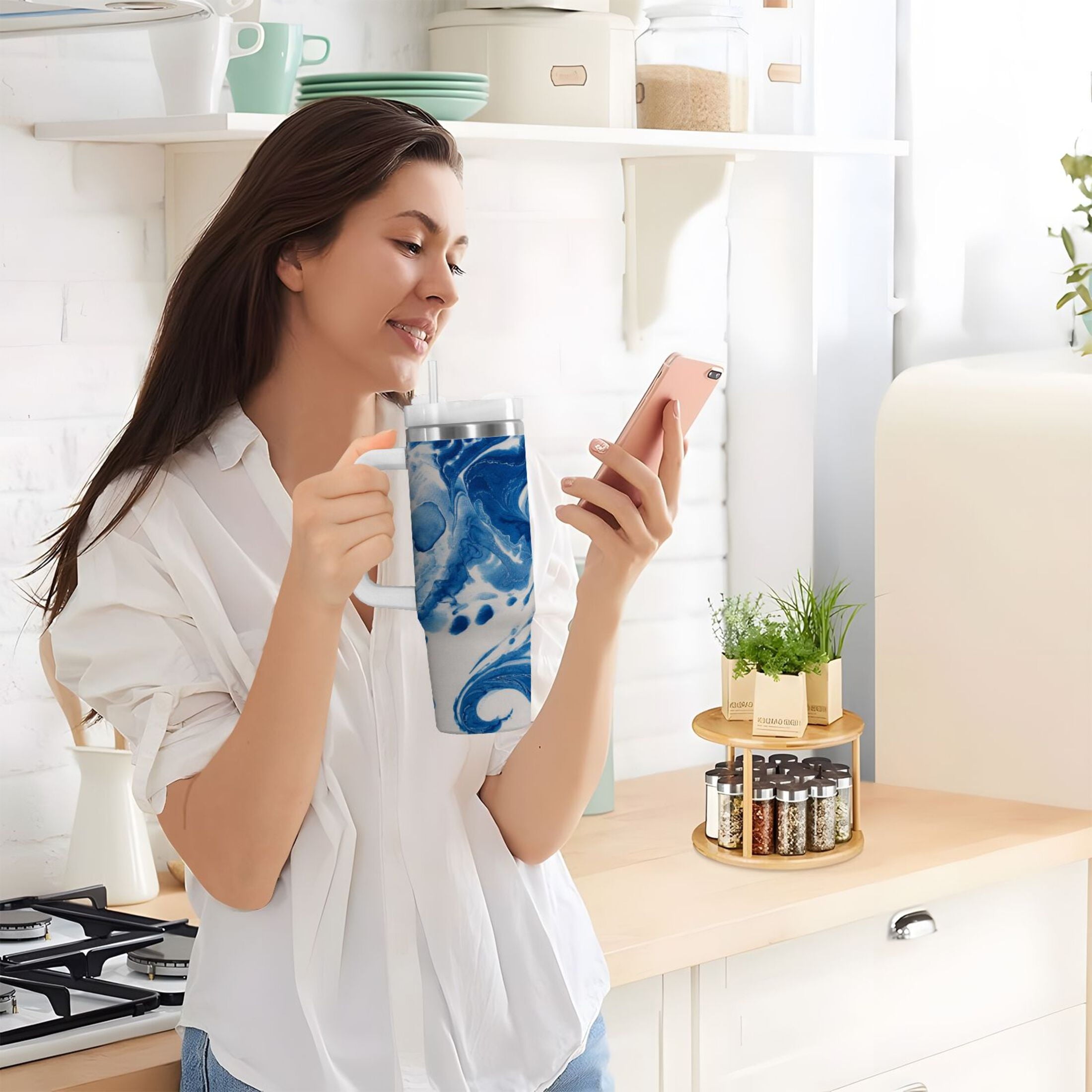 40 oz Insulated Stainless Steel Tumbler Double Wall Stainless Steel Tumbler with 2-Way Drinking Indigo Blue Tie-dye Pattern UEQA