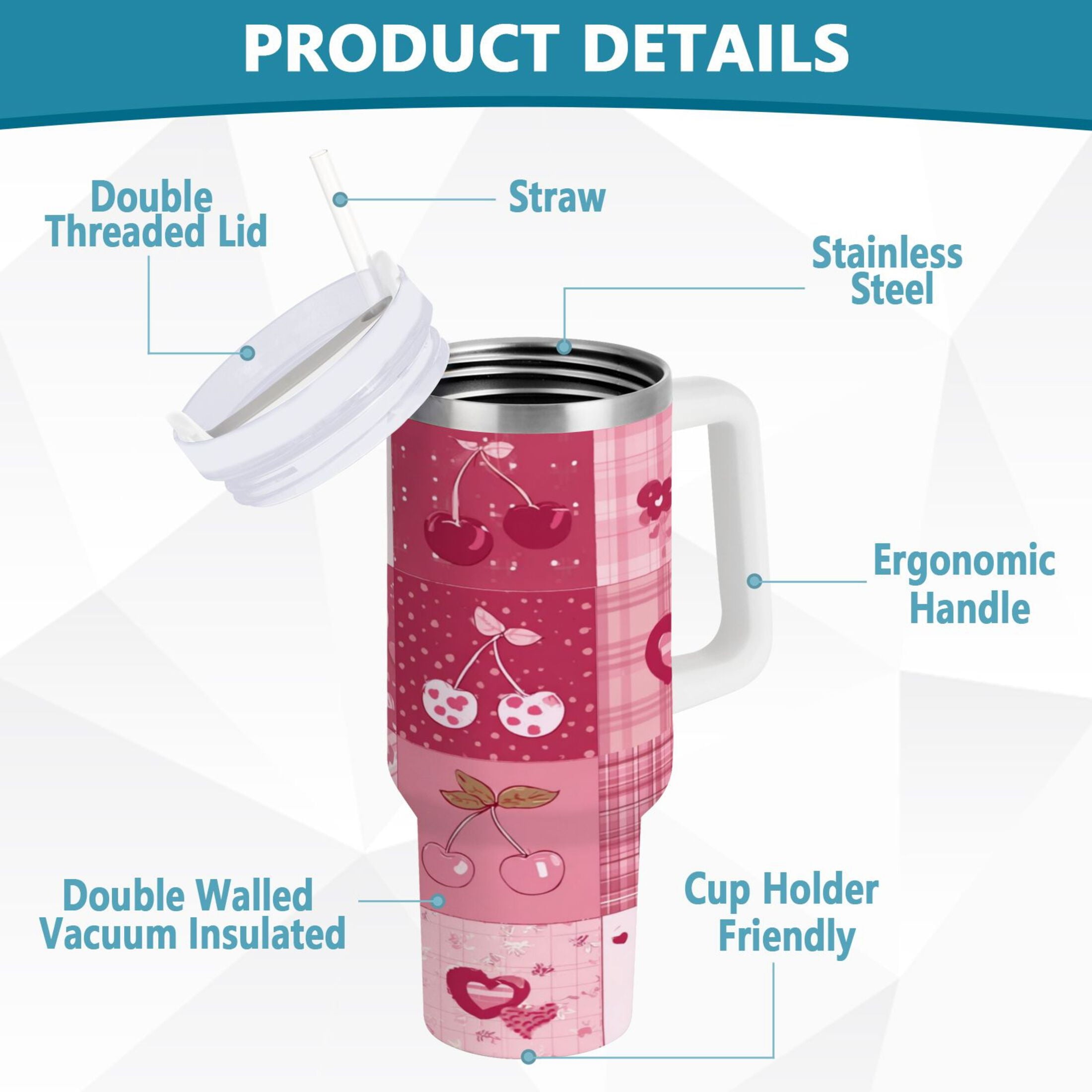 30 oz Insulated Stainless Steel Tumbler Double Wall Stainless Steel Tumbler with 2-Way Drinking Cherry Pattern with Bows 0RMT