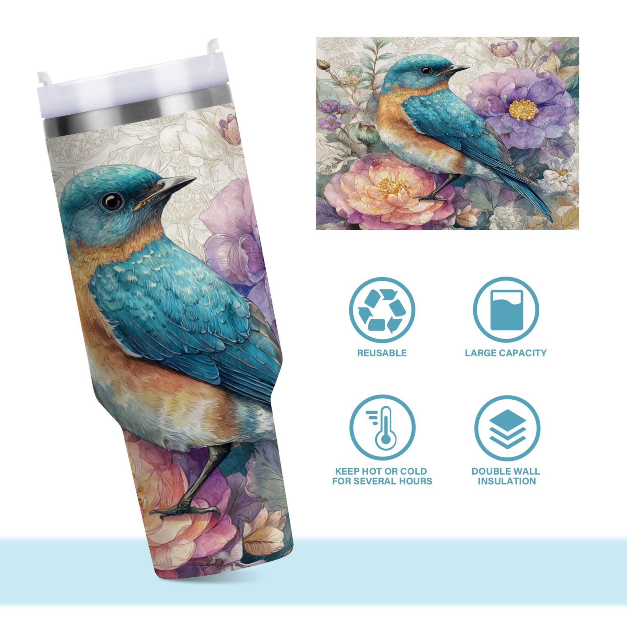 30 oz Insulated Stainless Steel Tumbler Double Wall Stainless Steel Tumbler with 2-Way Drinking Bluebird and Flower T4GS