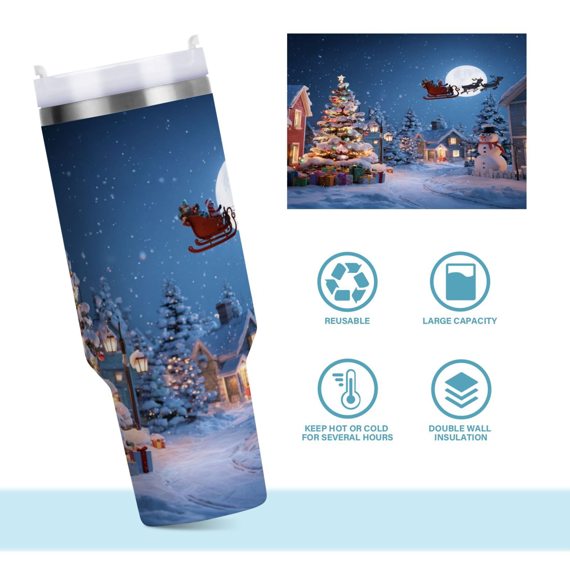 30 oz Insulated Stainless Steel Tumbler Double Wall Stainless Steel Tumbler with 2-Way Drinking Christmas Night Scene RKBP